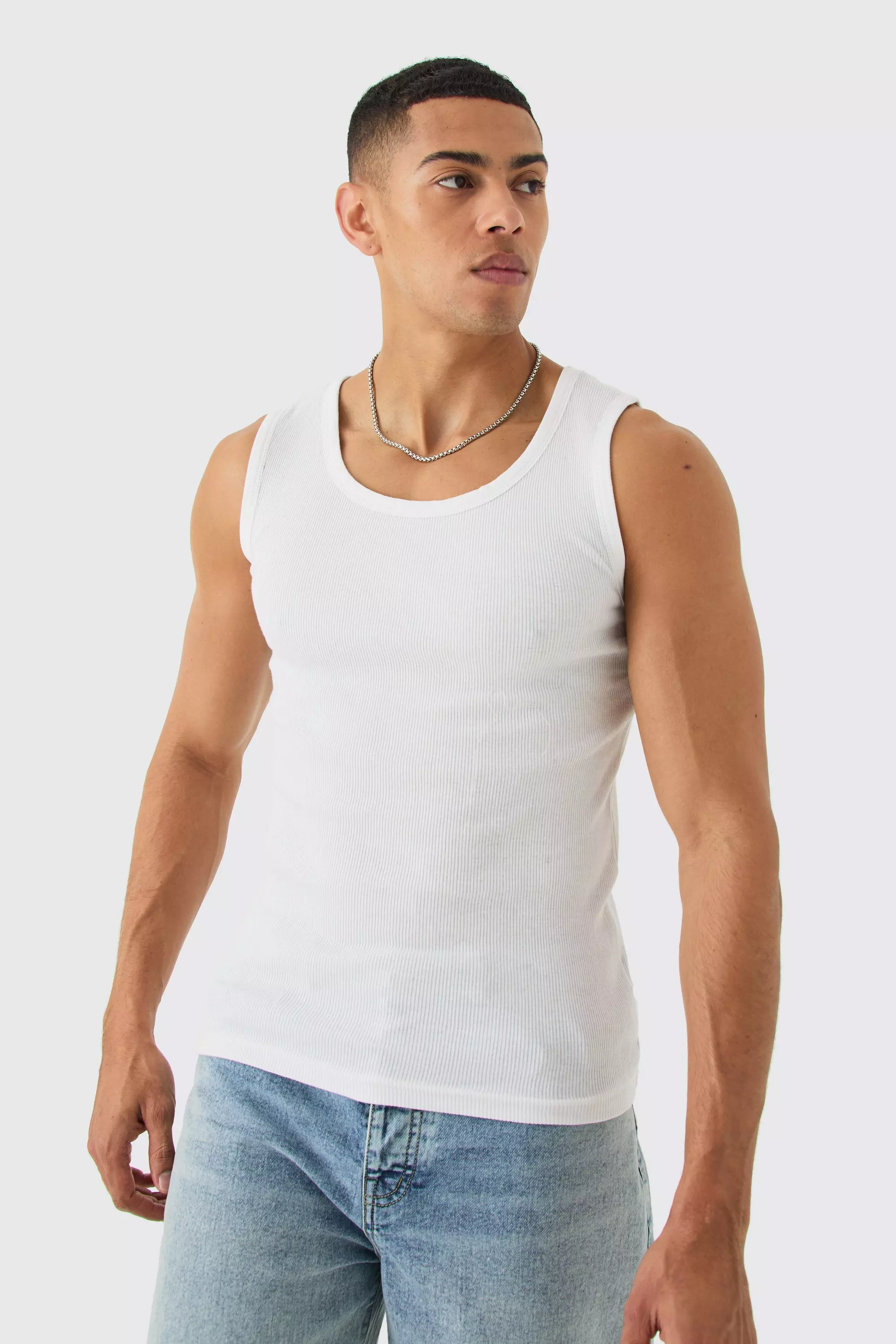 White Slim Fit Ribbed Vest