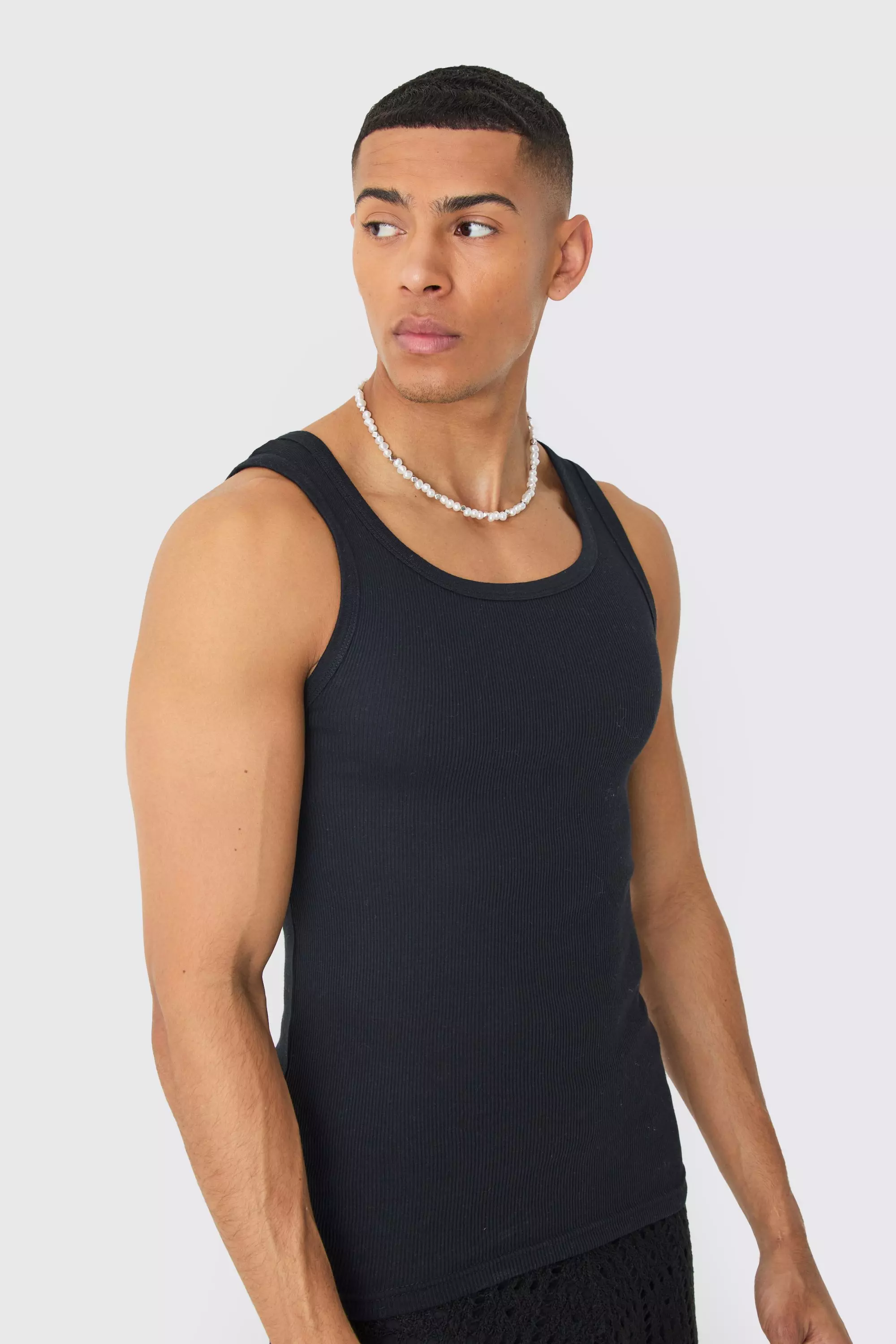 Muscle Fit Ribbed Vest Black