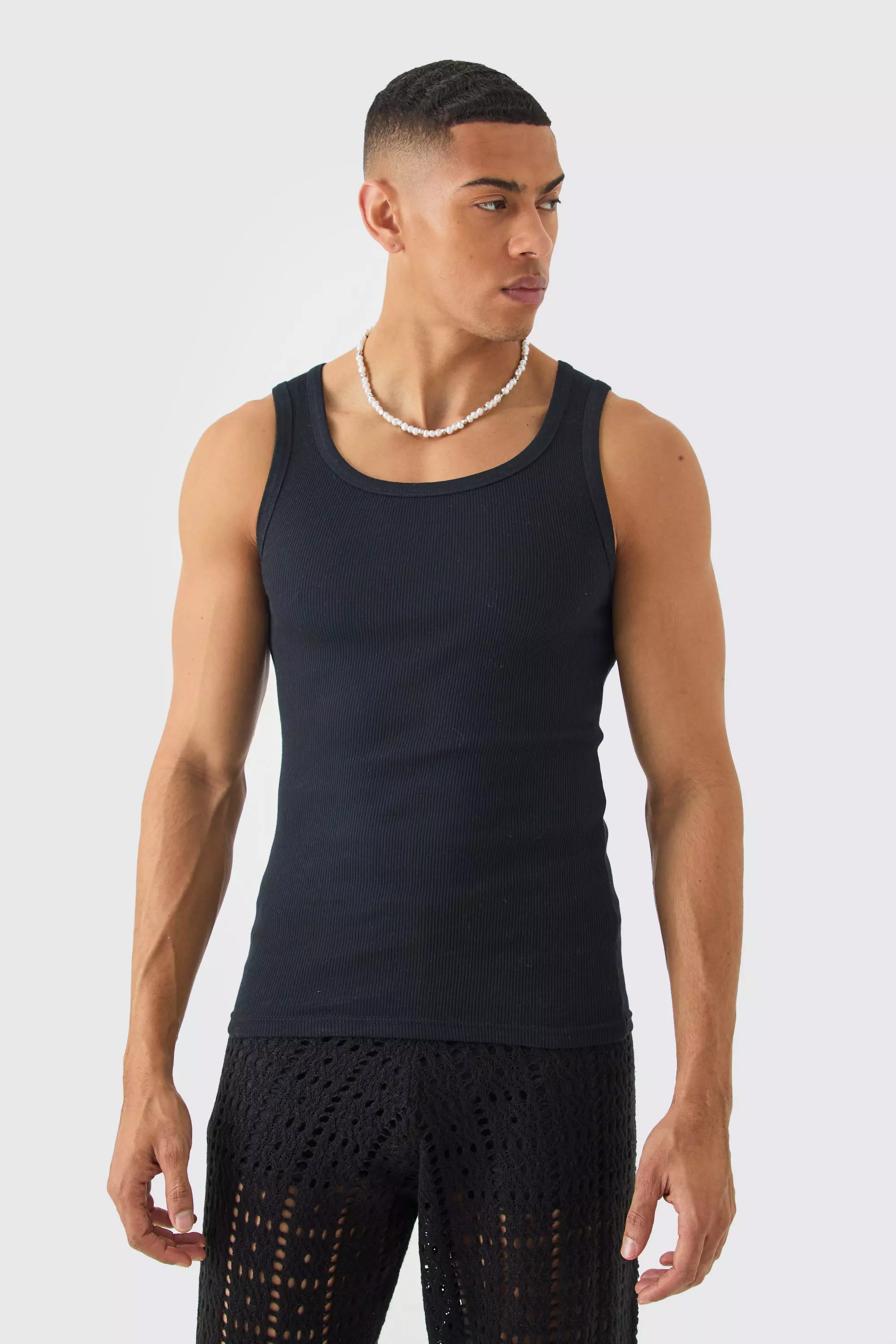 Black Basic Muscle Fit Ribbed Vest alternative image