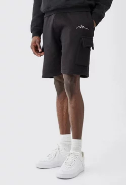 Man Signature Mid Length Loose Cargo Shorts Black