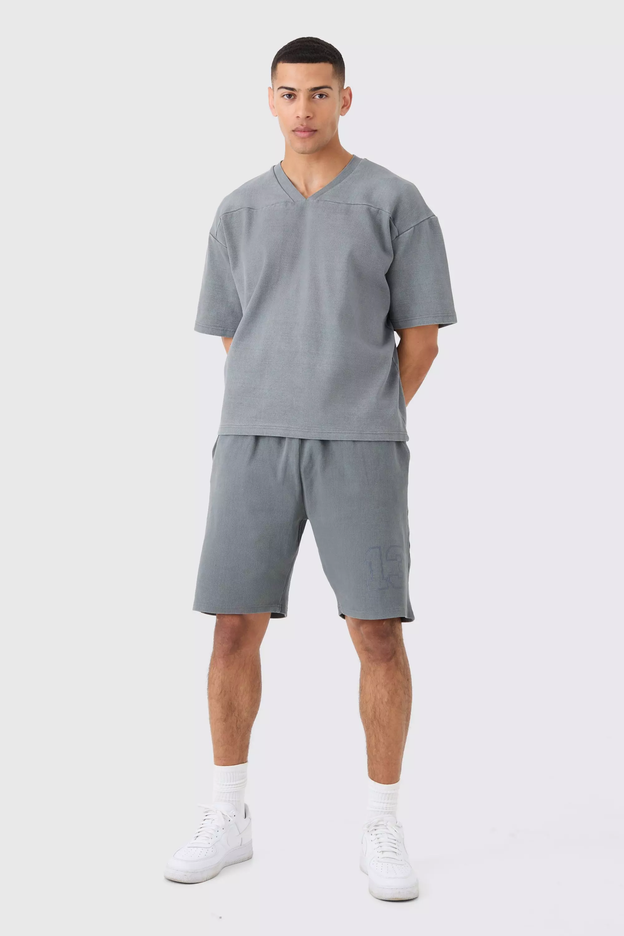 Grey Heavyweight Ribbed Washed Half Sleeve Sweatshirt & Short Set