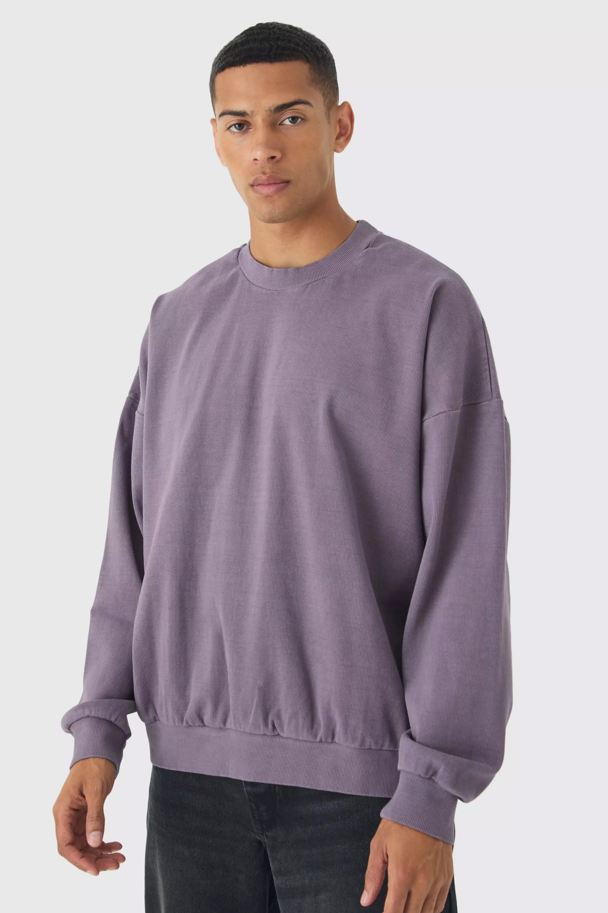 Oversized Heavyweight Ribbed Washed Drop Shoulder Sweatshirt Purple