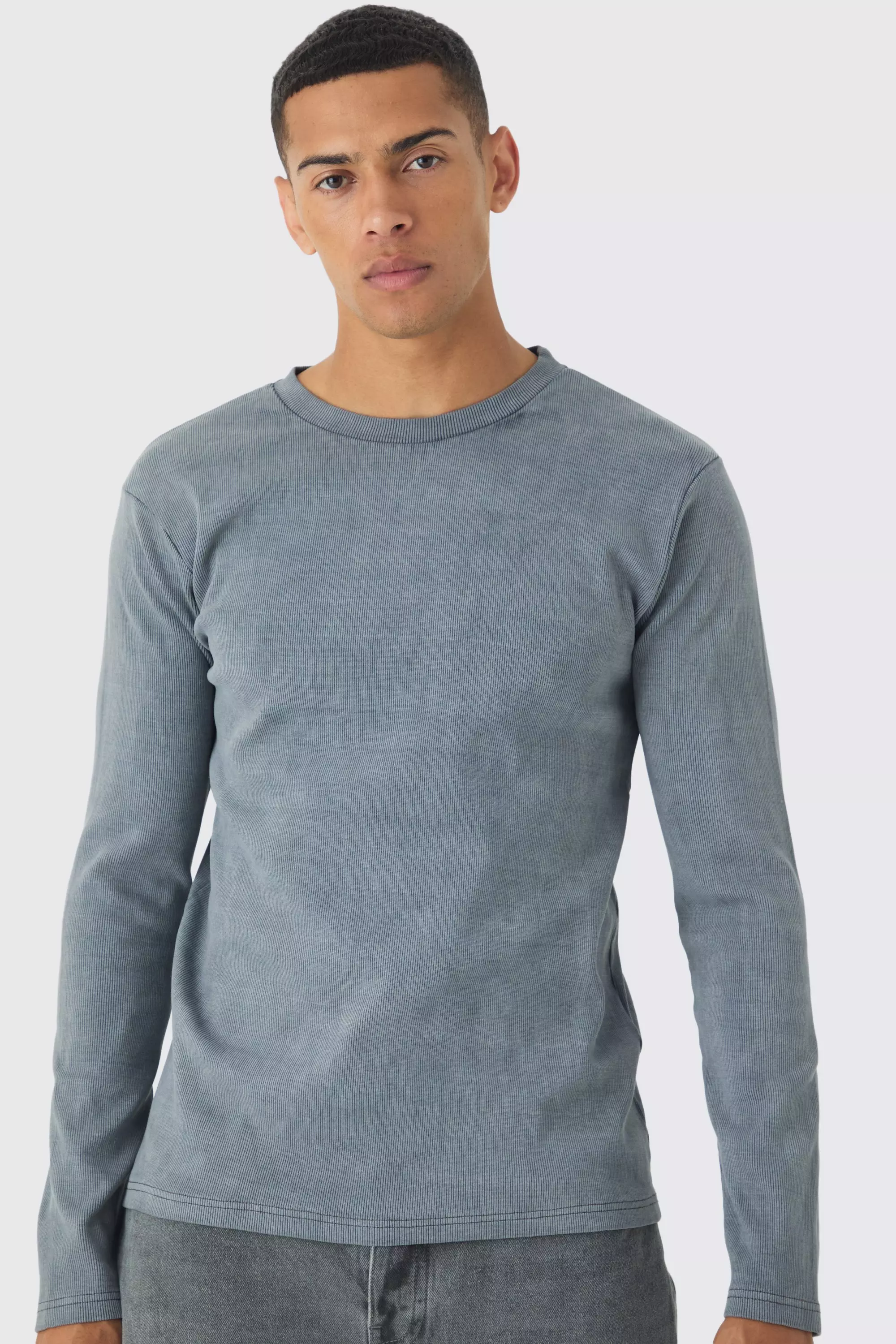 Muscle Fit Long Sleeve Heavyweight Ribbed Washed Jumper Grey