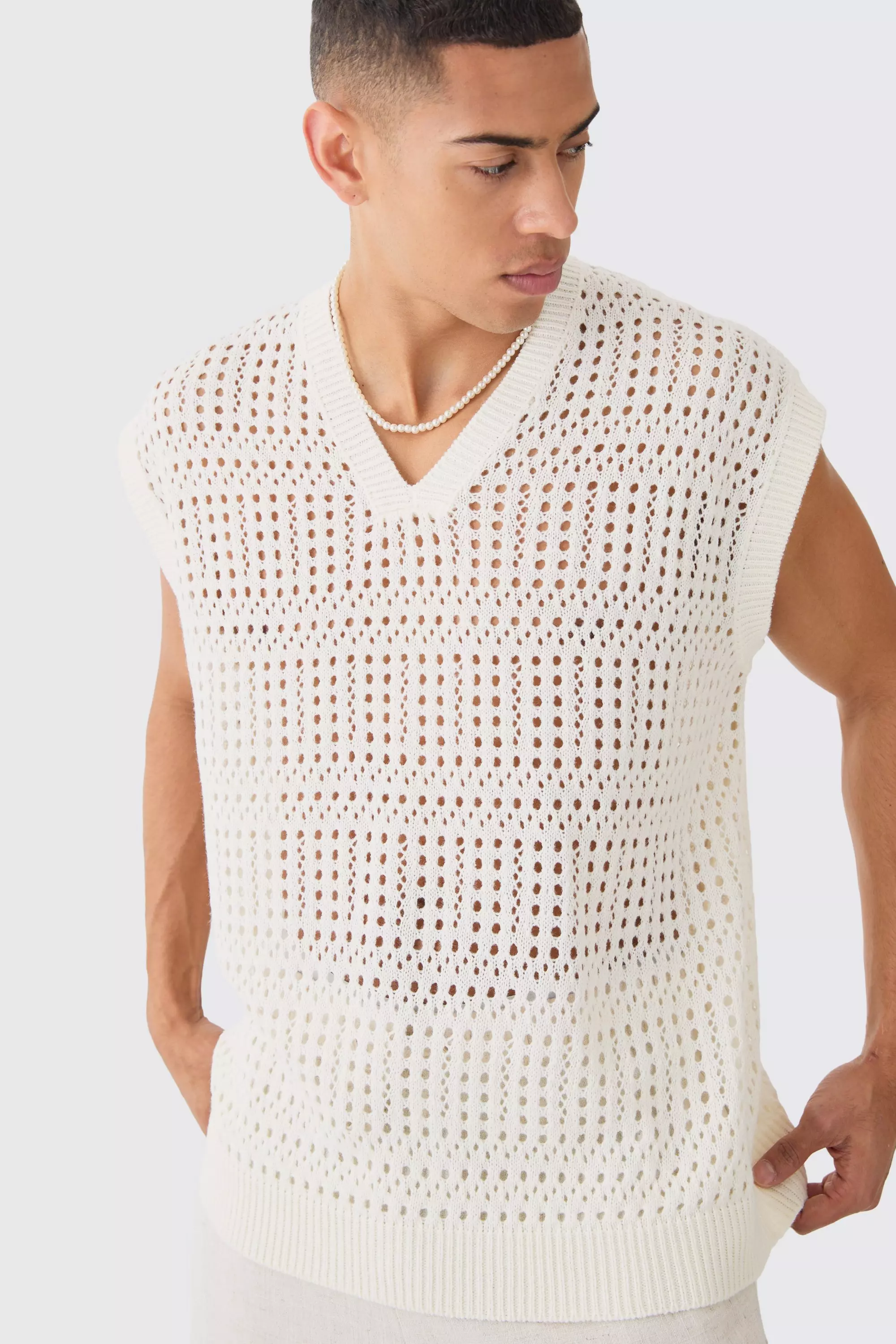 Oversized Crochet Sweater Vest In Ecru Ecru