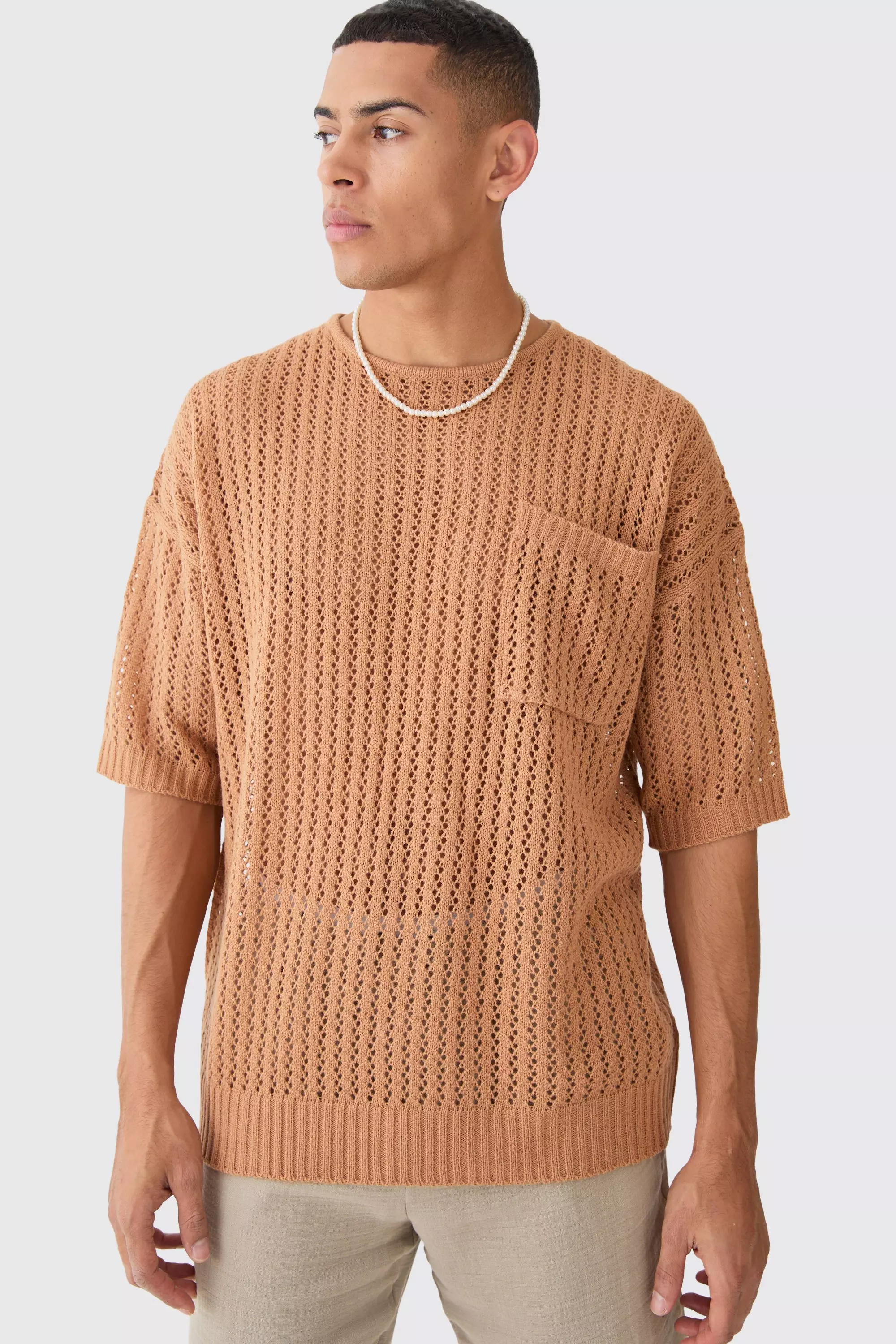 Beige Oversized Open Stitch Tshirt With Pocket In Taupe