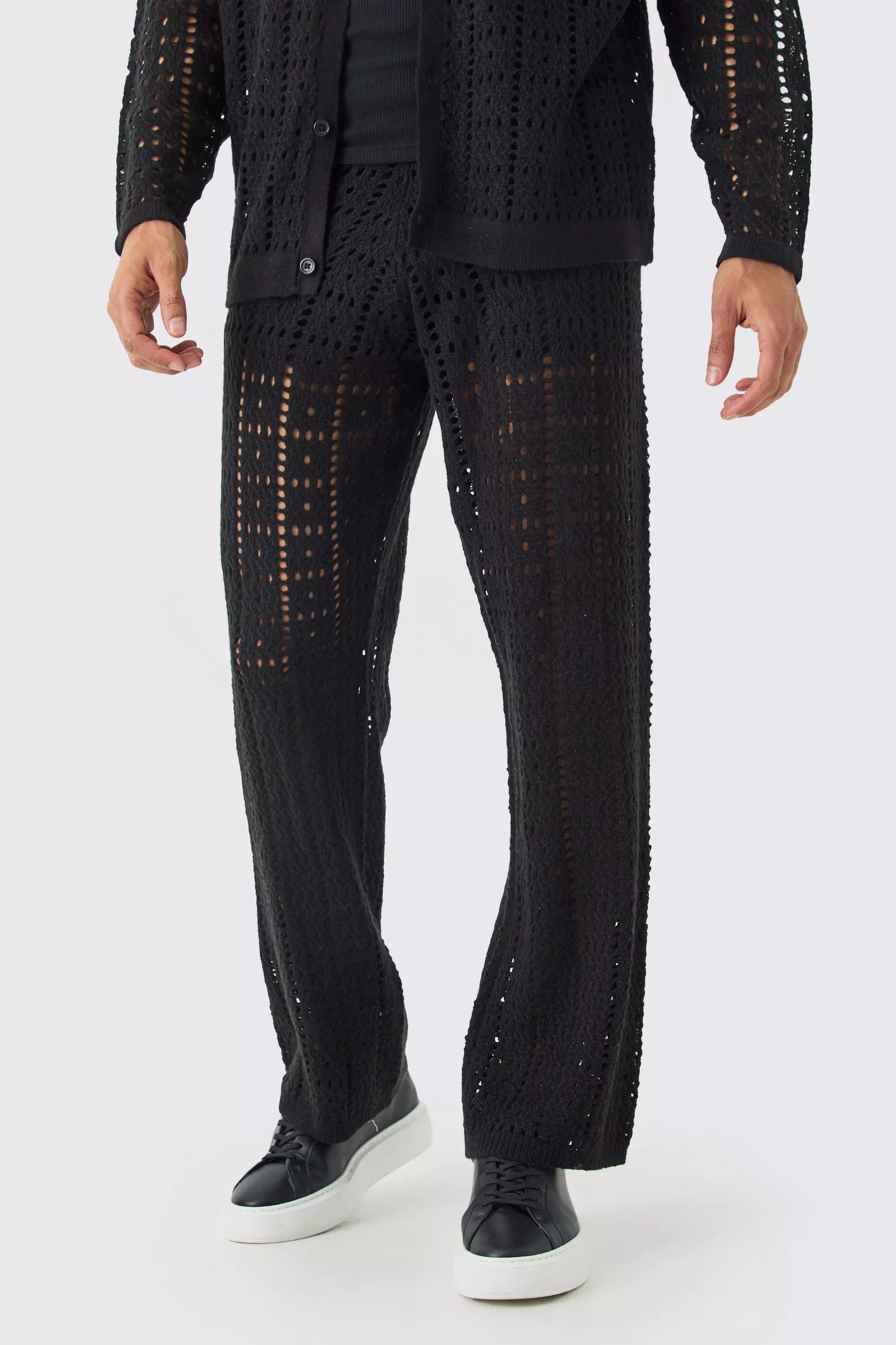 Black Relaxed Fit Crochet Pants In Black