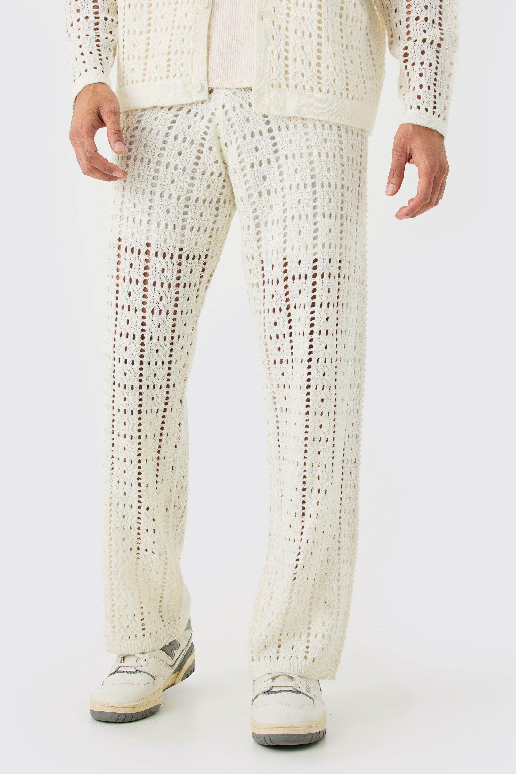 Relaxed Fit Crochet Pants In White | boohooMAN USA