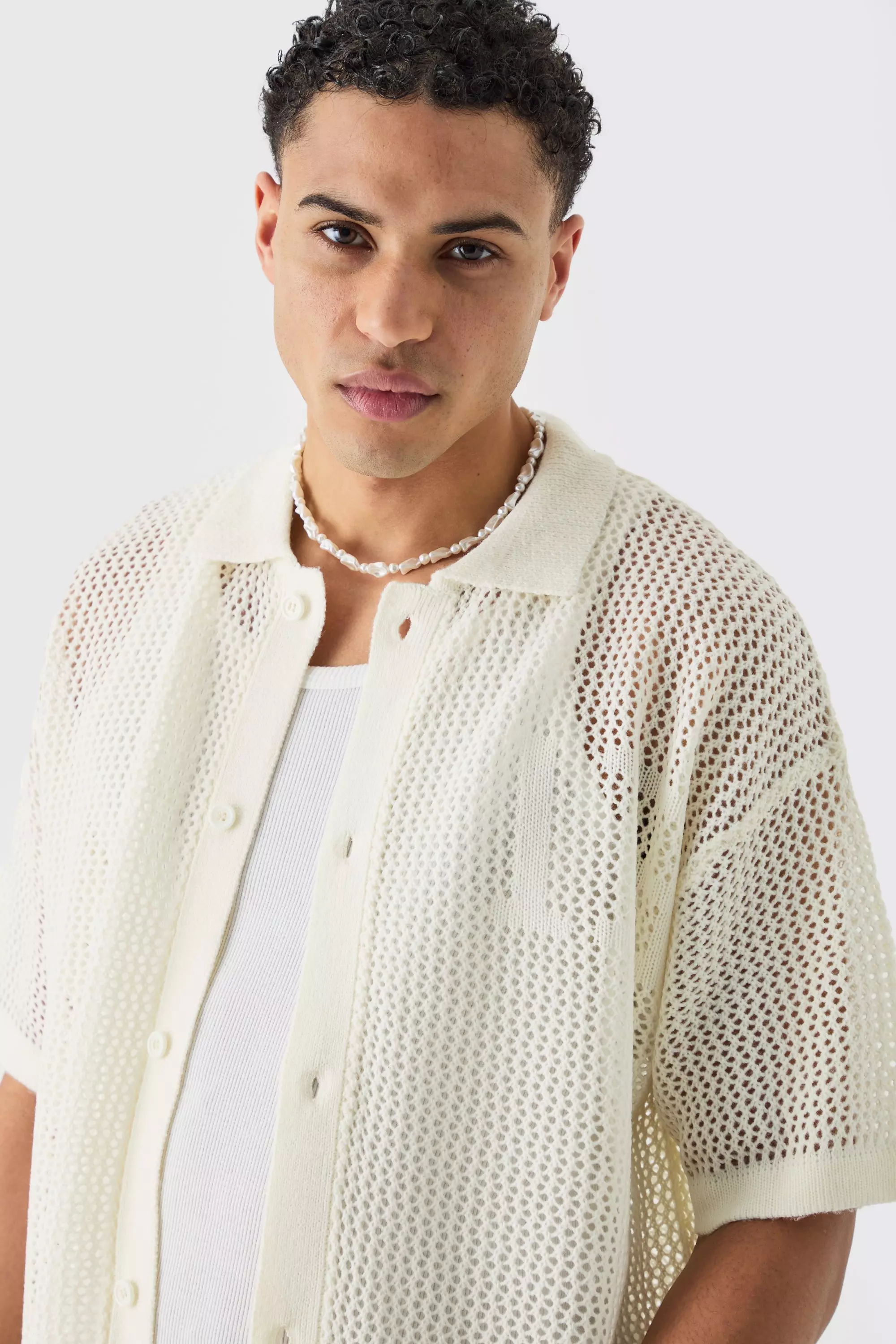 Short Sleeve Boxy Open Stitch Varsity Knit Shirt In Ecru