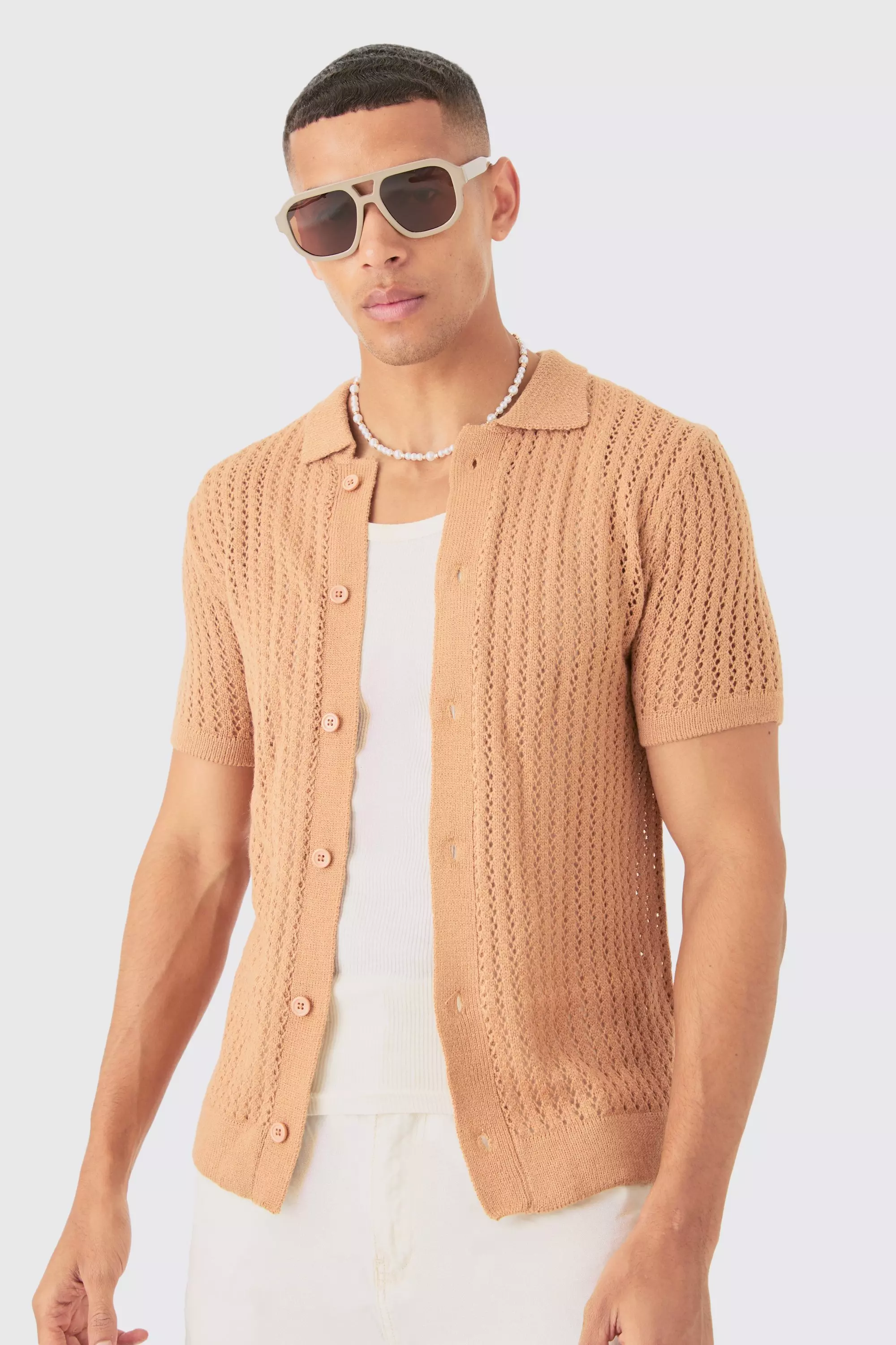 Beige Open Stitch Short Sleeve Knitted Shirt In Taupe