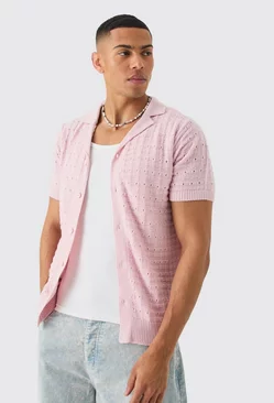 Pink Open Stitch Button Down Knitted Shirt In Pink
