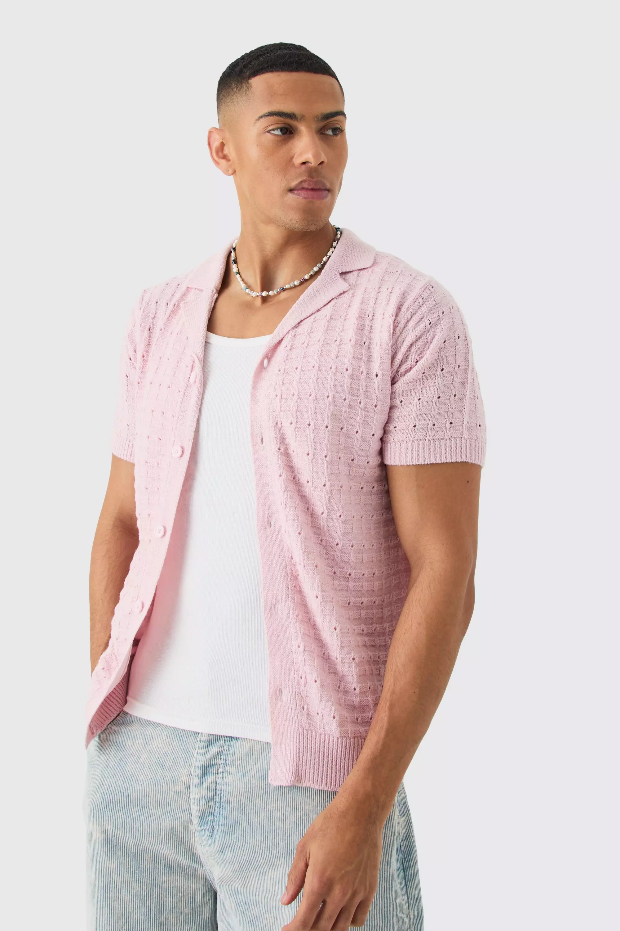 Open Stitch Button Down Knitted Shirt In Pink Pale pink