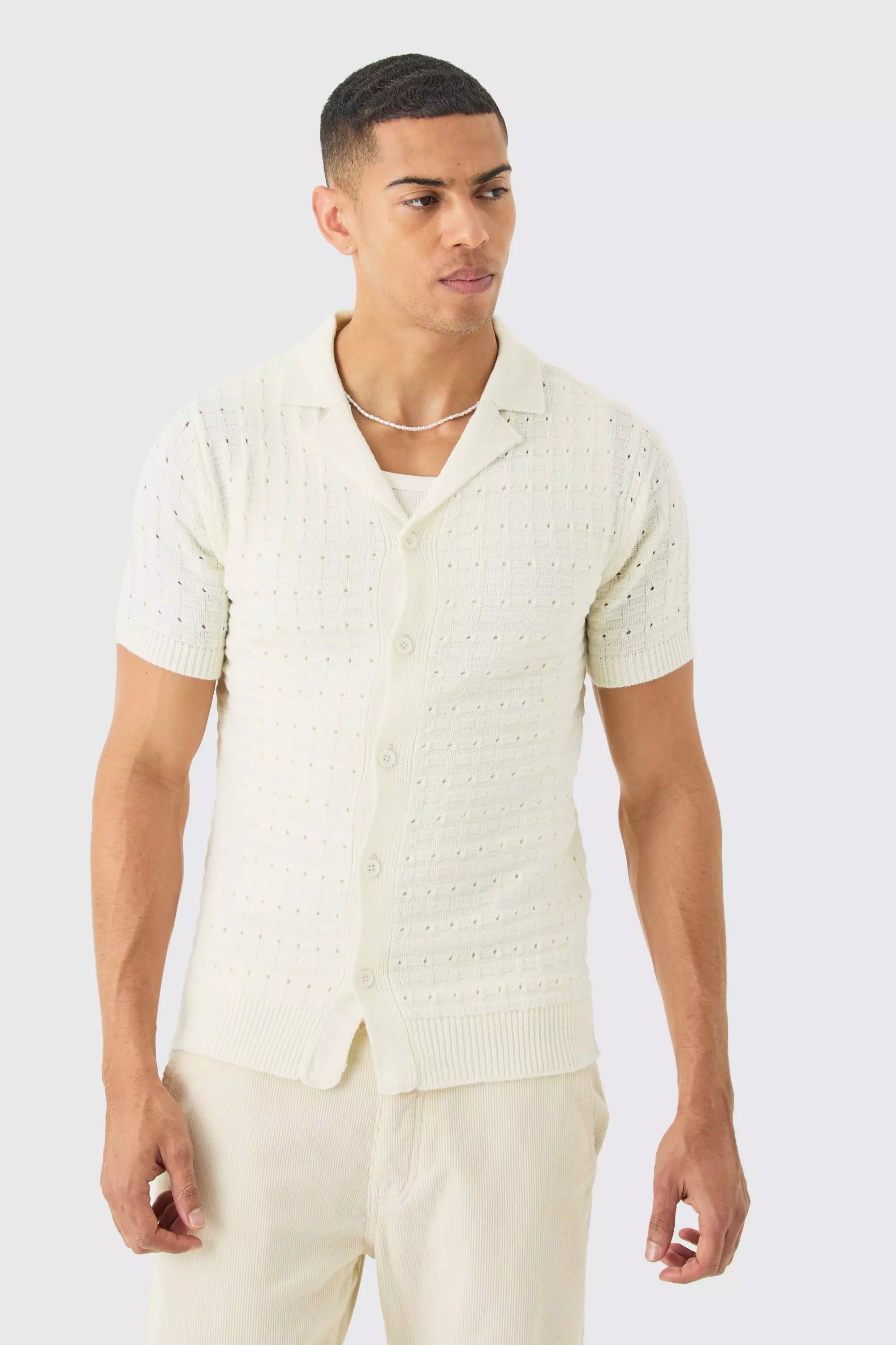 Open Stitch Button Down Knitted Shirt In Cream boohooMAN USA