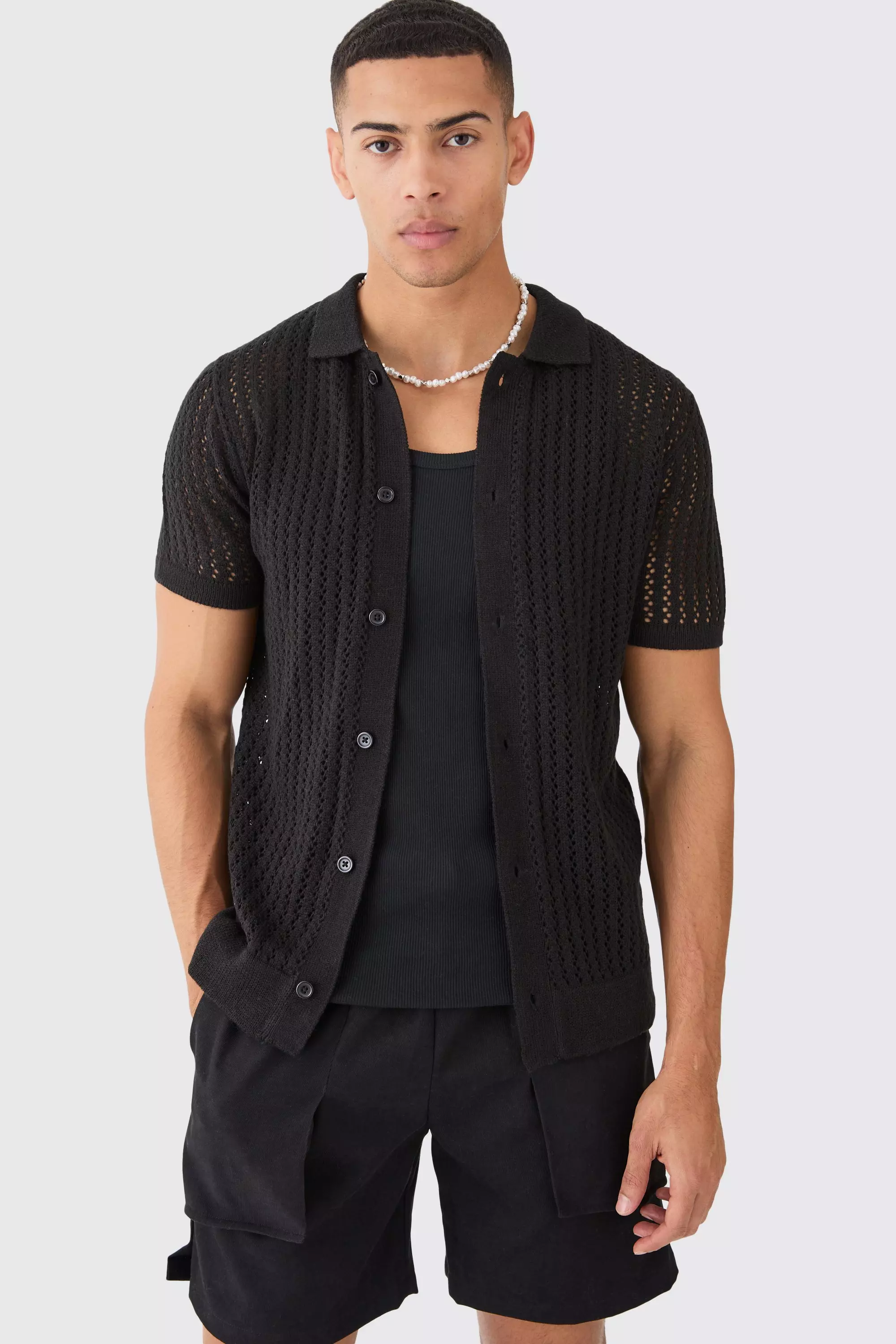 Open Stitch Short Sleeve Knitted Shirt In Black Black