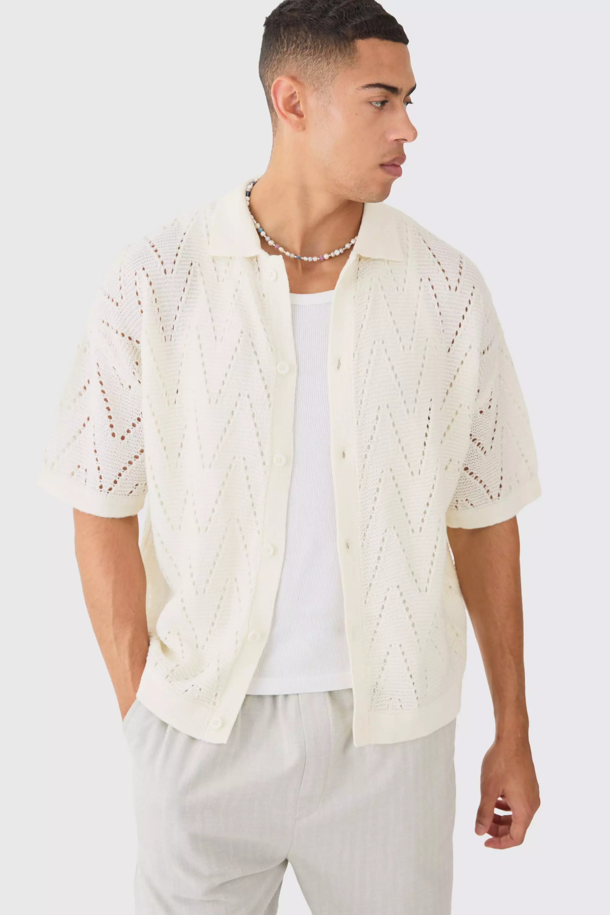 Short Sleeve Boxy Open Stitch Knitted Shirt In Stone Stone