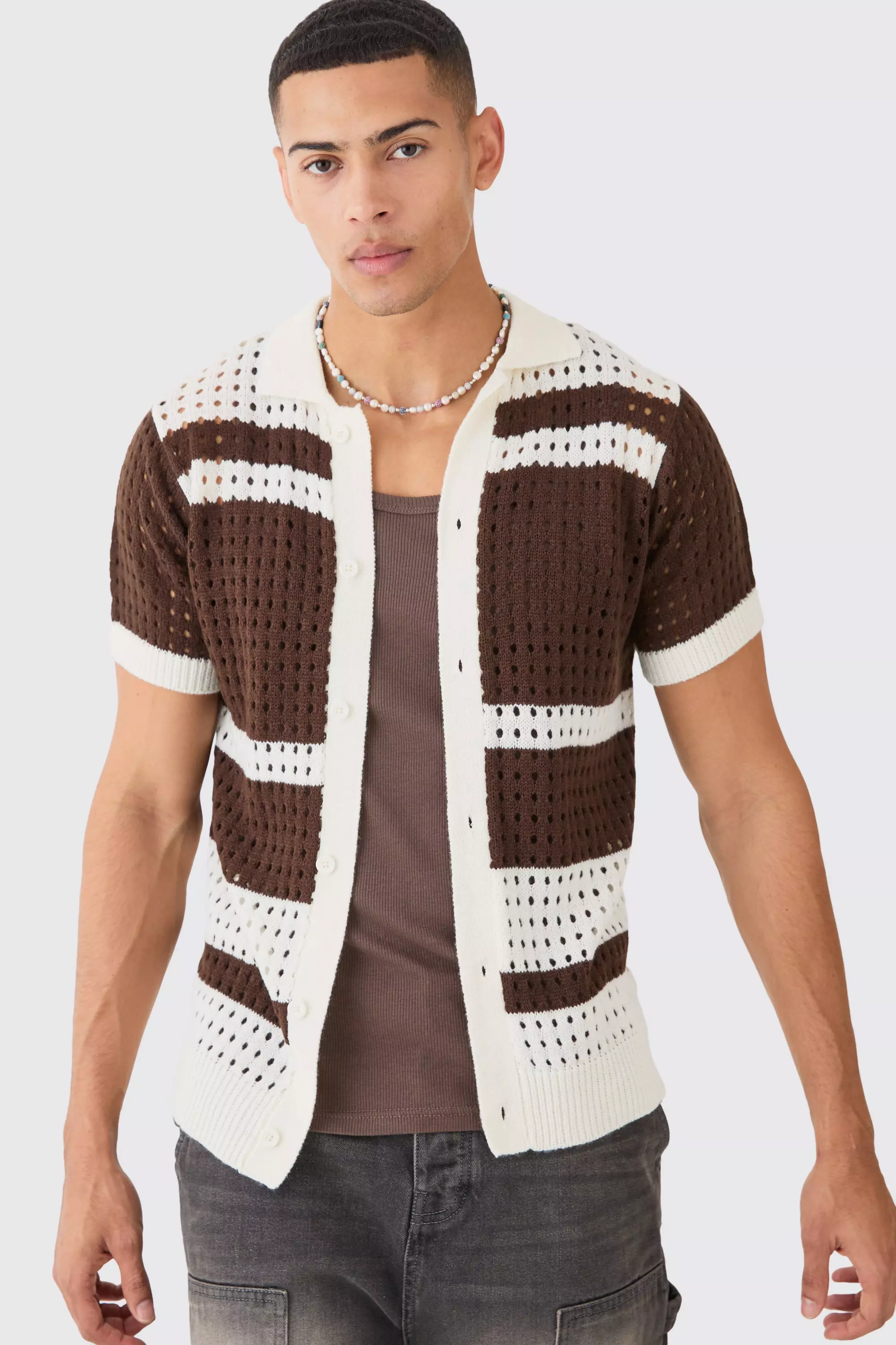 Open Stitch Striped Knitted Shirt In Brown Brown