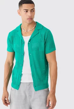 Green Short Sleeve Checkerboard Open Stitch Shirt In Green