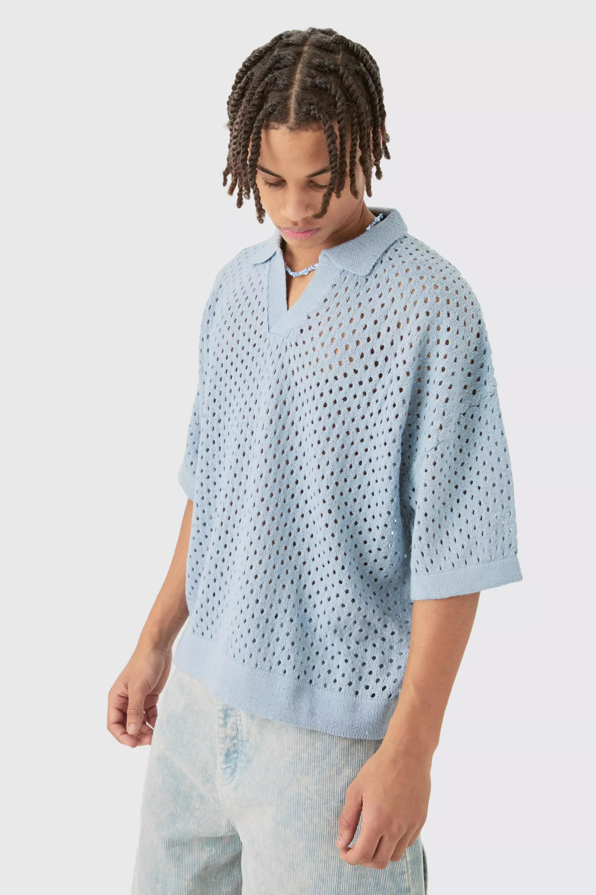 Short Sleeve Boxy Fit Revere Open Knit Polo In Blue Pale blue