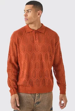 Oversized Long Sleeve Crochet Polo In Rust Rust