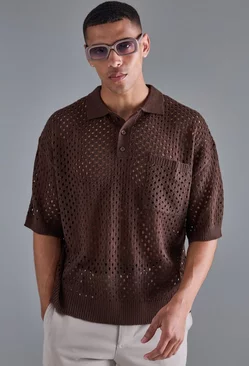 Brown Boxy Crochet Dropped Shoulder V Neck Polo In Brown