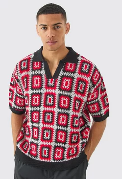 Red Short Sleeve Boxy Fit Revere Crochet Polo In Red