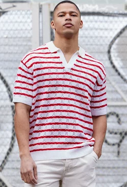 Short Sleeve Oversized Crochet Stripe Polo In Red Red