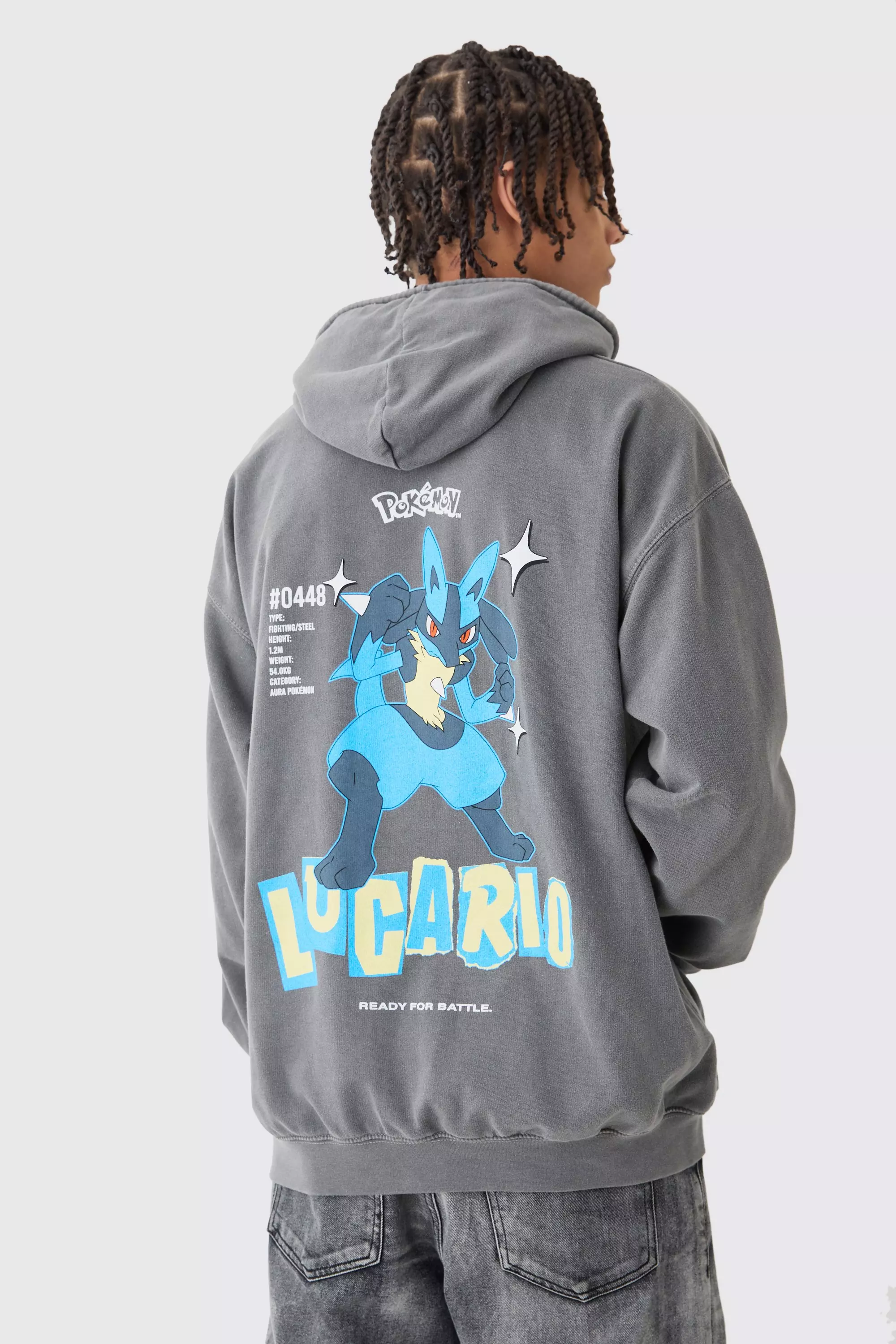 Oversized Overdye Pokemon Lucario License Hoodie Charcoal