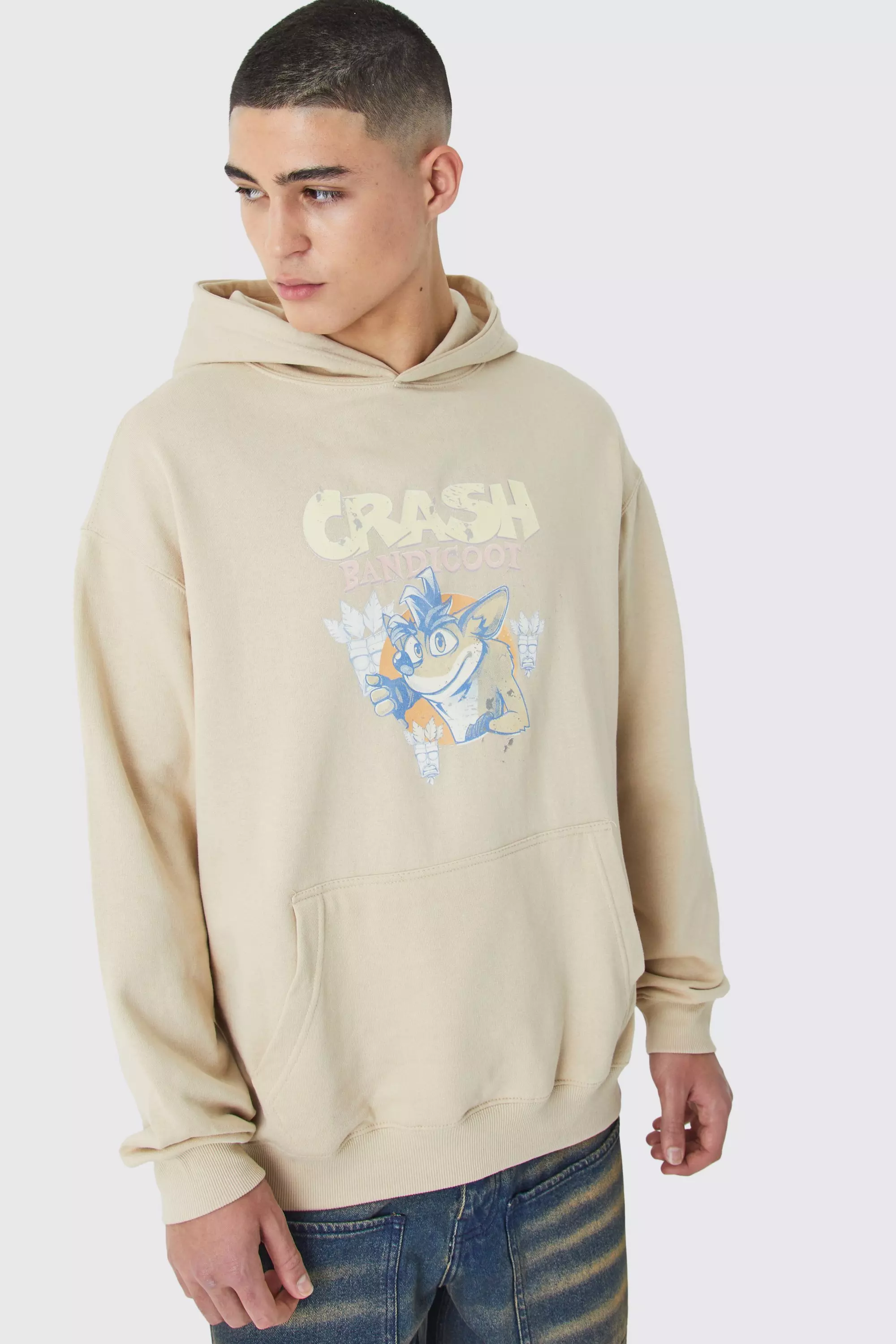 Oversized Crash Bandicoot Gaming License Wash Hoodie Sand