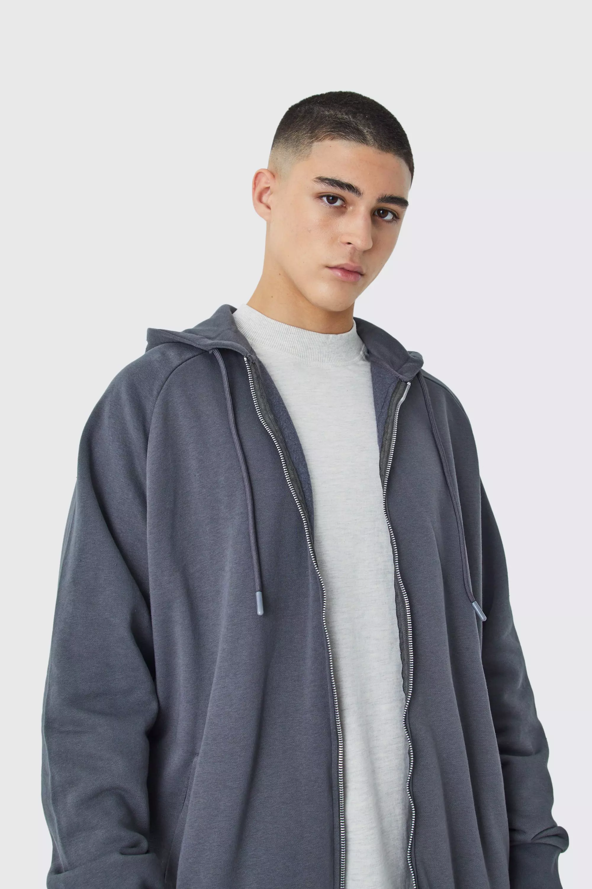 Charcoal Grey Oversized Zip Through Lightweight Hoodie