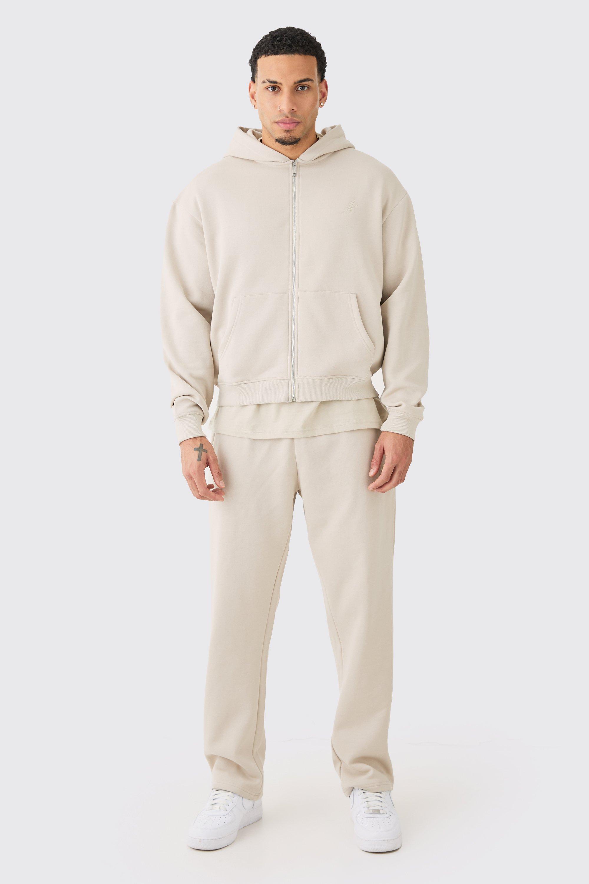 Tracksuit With Graphics Zip Through Hoodie And Joggers Set Beige