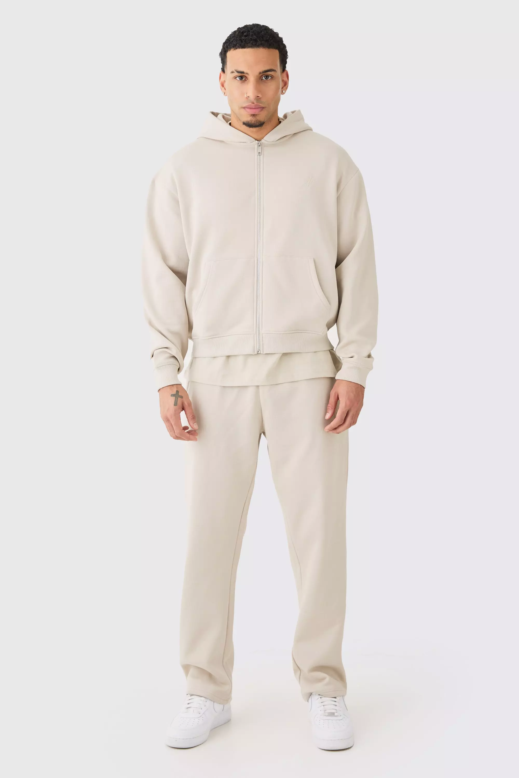 Man Signature Boxy Zip Through Hooded Tracksuit Stone