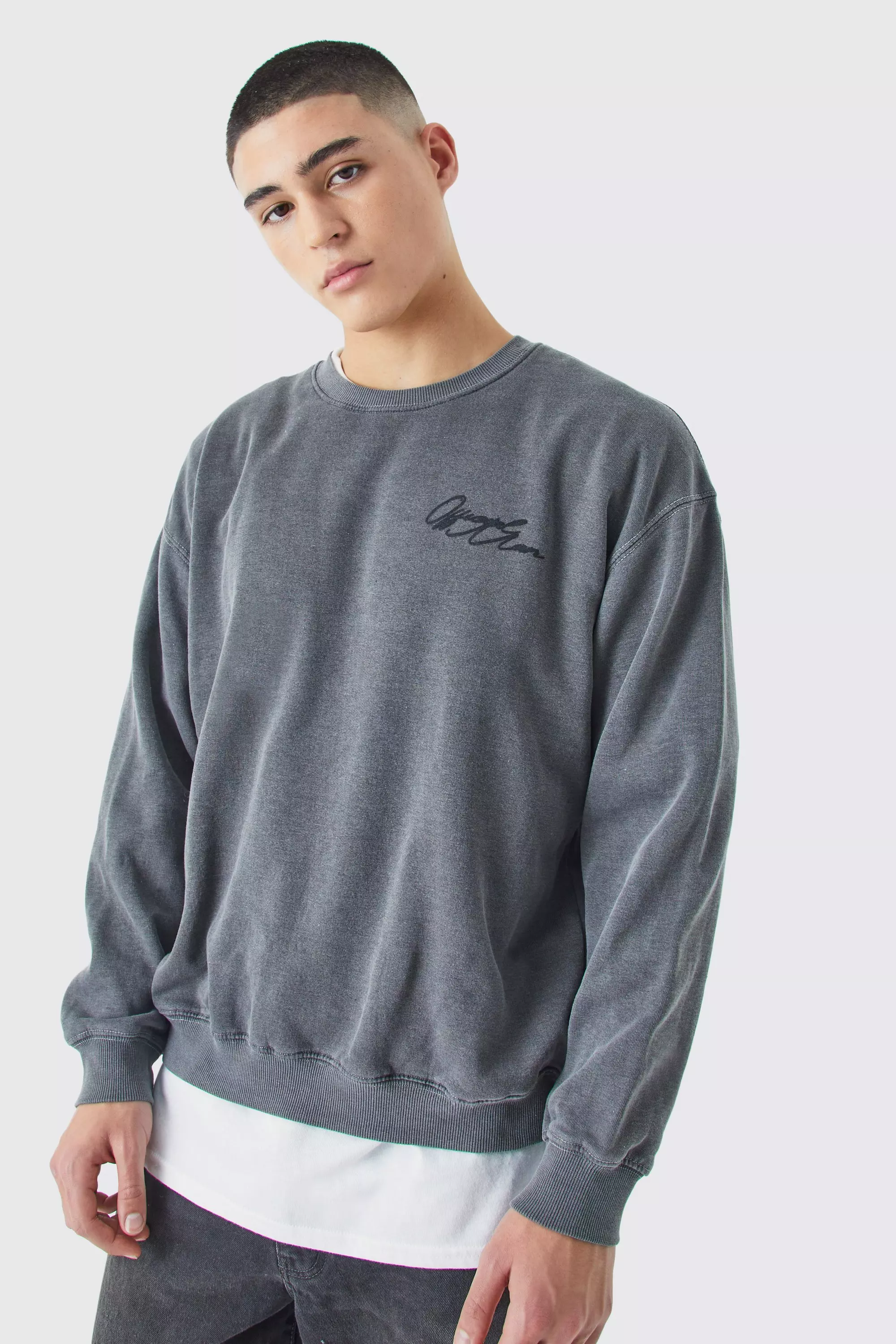 Oversized Boxy Acid Wash Man Graphic Sweatshirt Charcoal