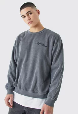 Oversized Acid Wash Man Graphic Sweatshirt Charcoal