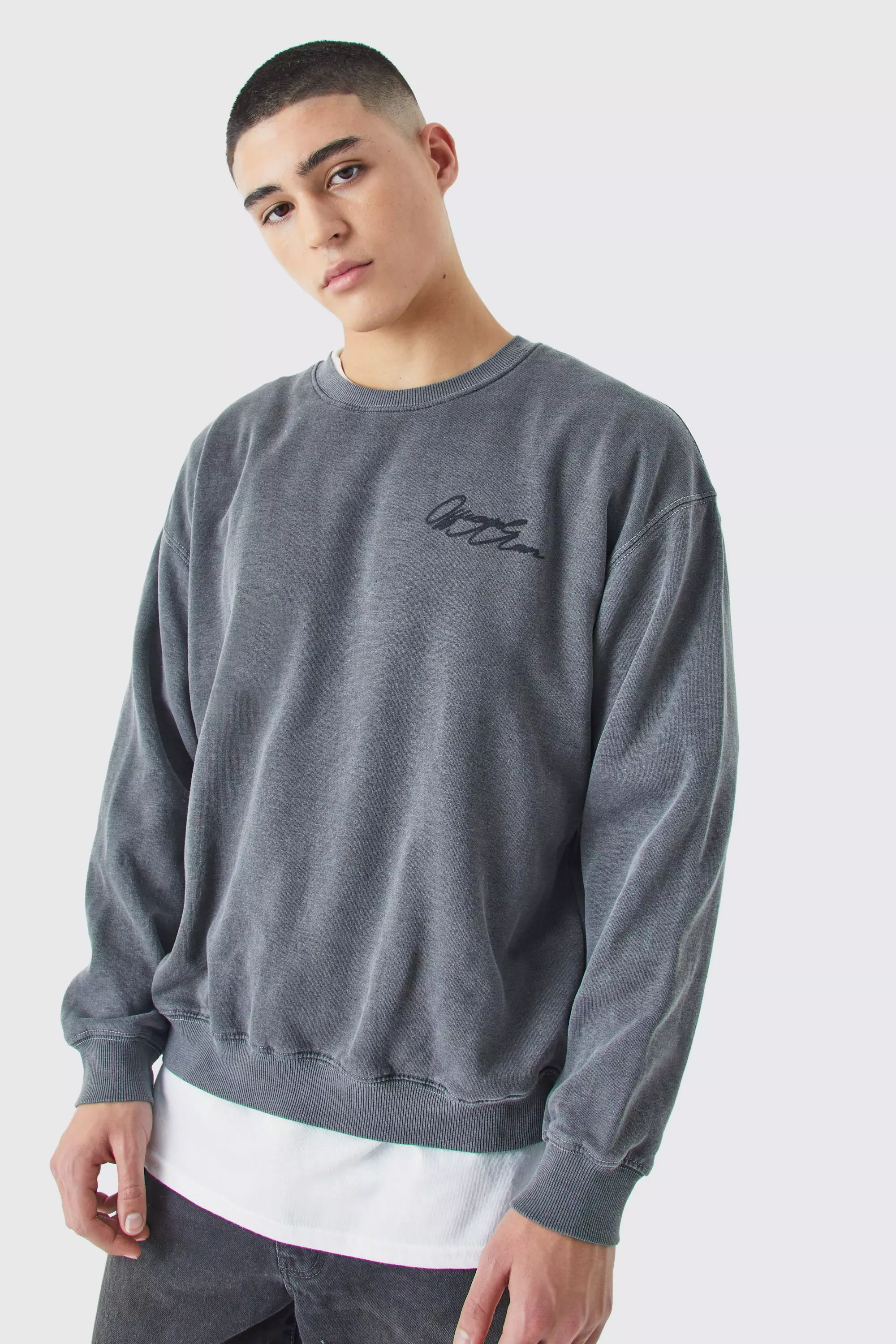 Charcoal Grey Oversized Acid Wash Man Graphic Sweatshirt