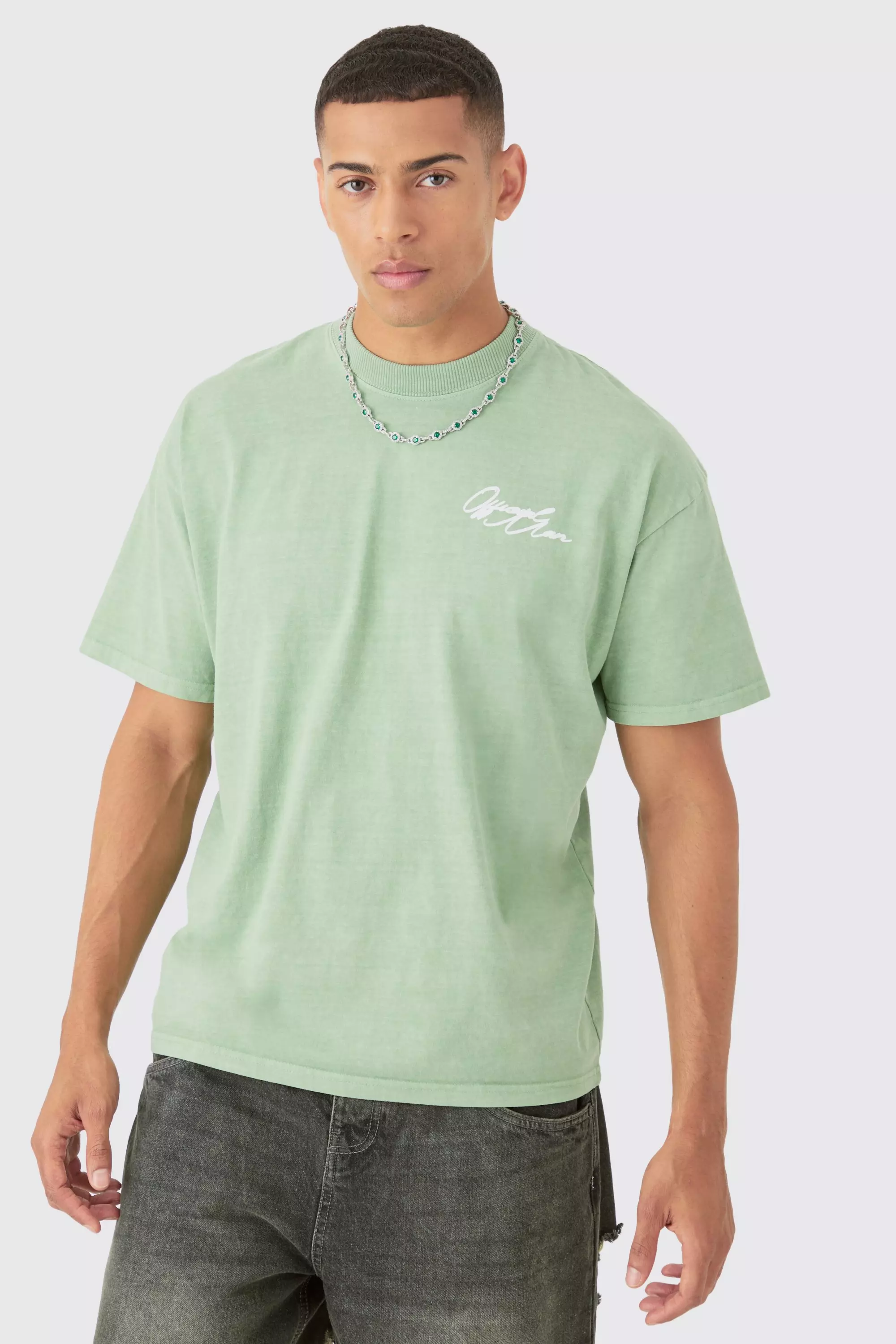 Sage Green Oversized Heavyweight Overdye Man Graphic T-shirt