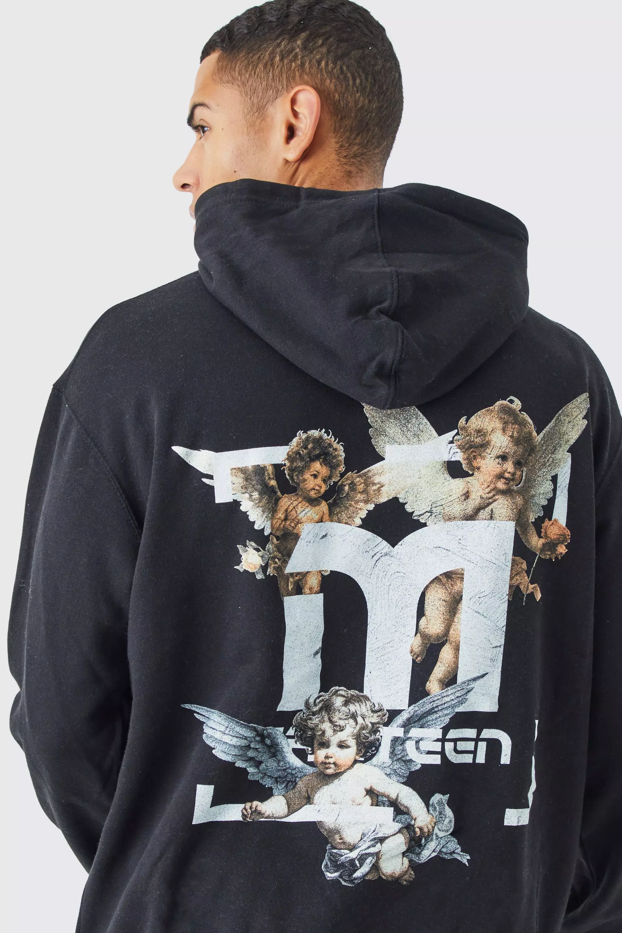 Black Oversized Angel Graphic Hoodie