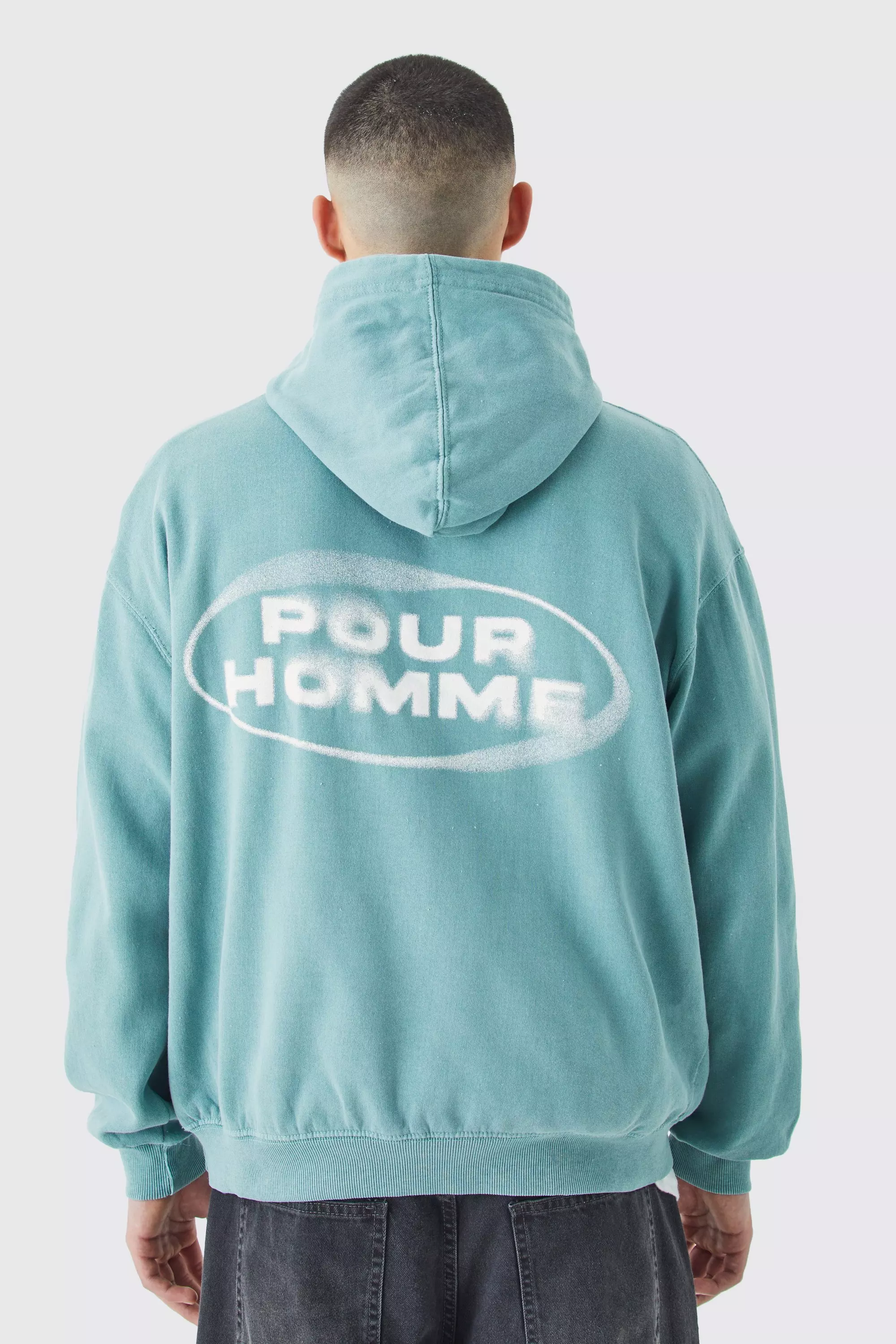 Sage Green Oversized Overdye Pour Homme Graphic Hoodie