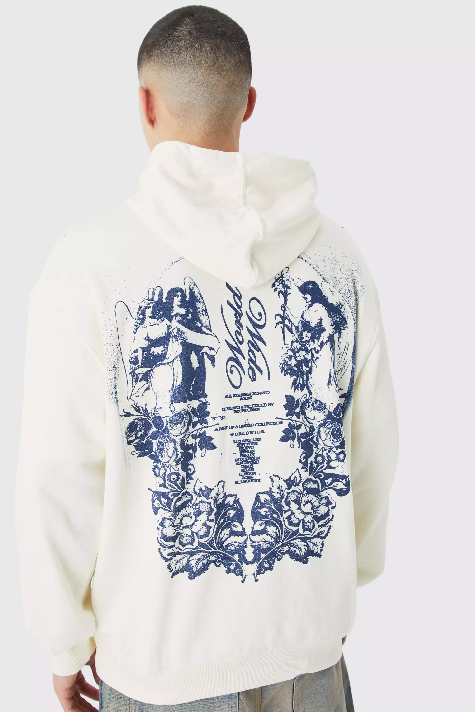 Ecru White Oversized Floral Graphic Hoodie