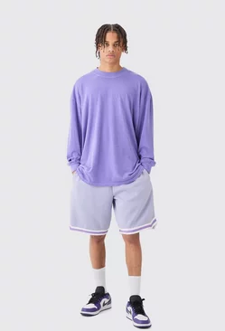 Oversized Mid Length Jersey Tape Basketball Short Lilac
