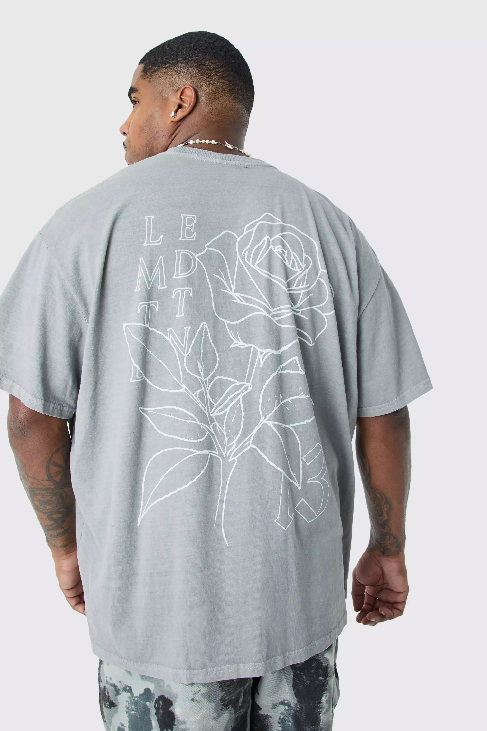 Plus Oversized Overdyed Floral Stencil Graphic T-shirt slate grey