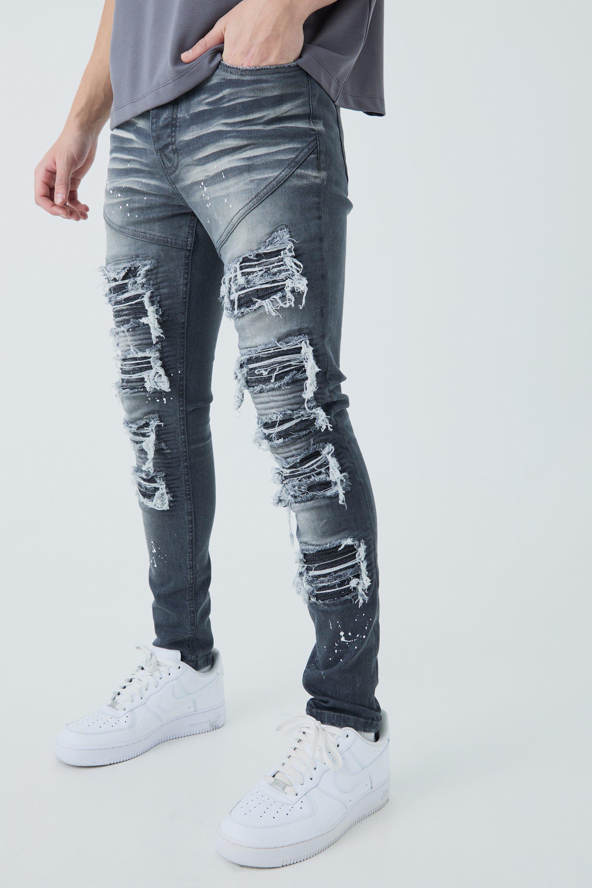 Super Skinny Busted Knee Paint Splatter Jeans