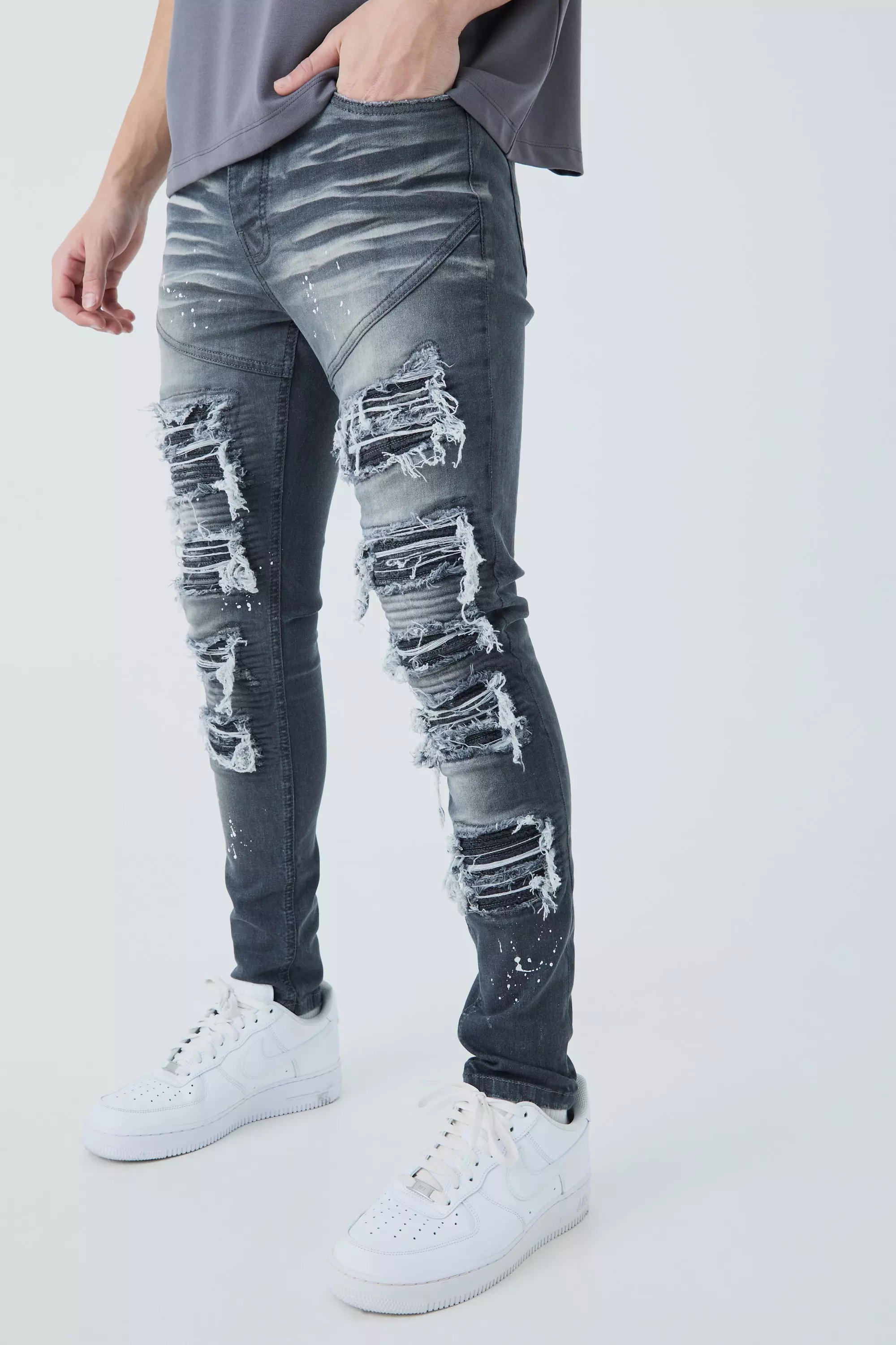 Grey Super Skinny Biker Rip & Repair Paint Splatter Jeans