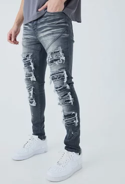 Grey Super Skinny Pu Biker Rip & Repair Paint Splatter Jeans