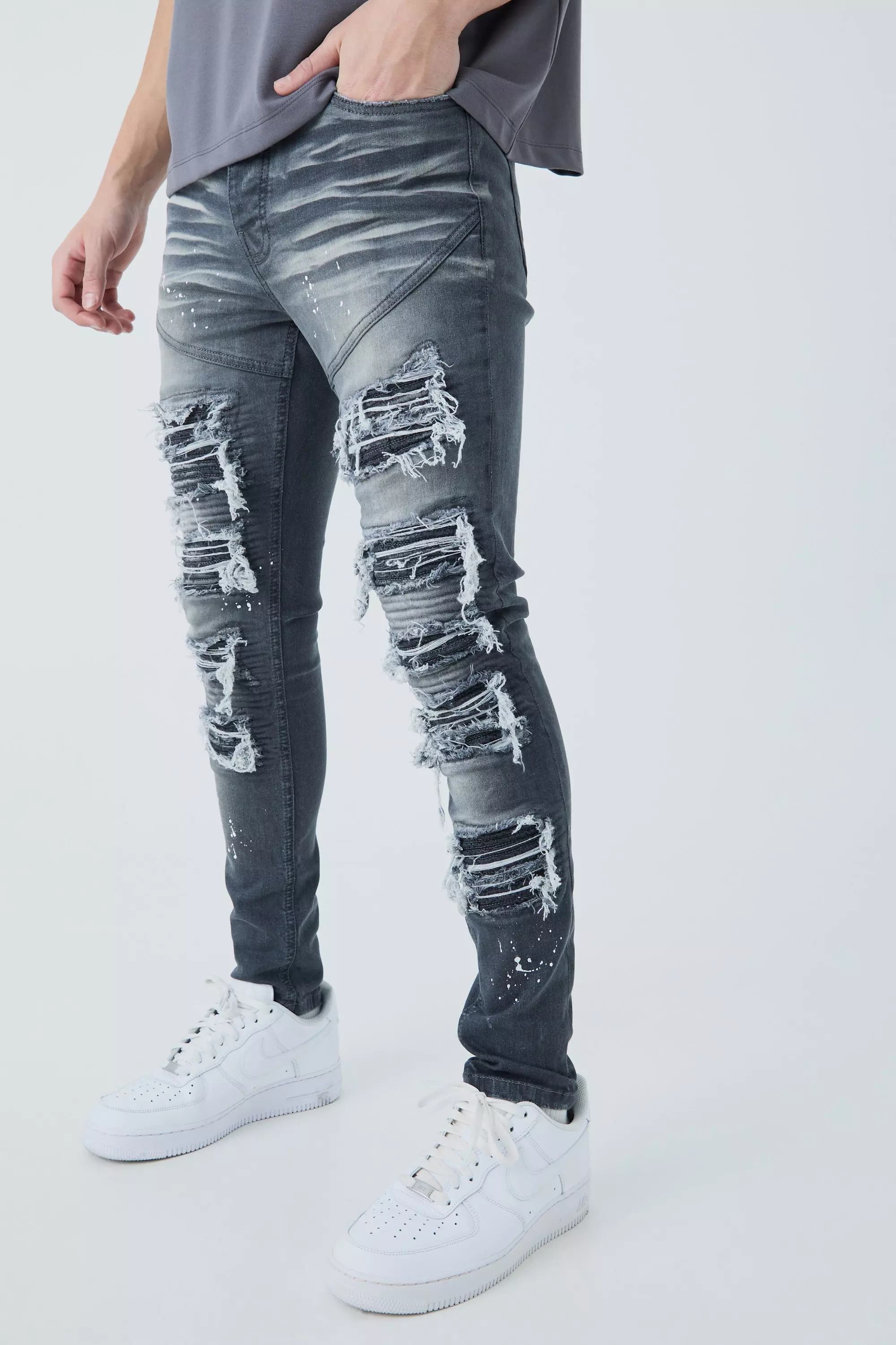 Grey Super Skinny Pu Biker Rip & Repair Paint Splatter Jeans