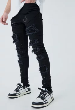 Black Super Skinny Pu Biker Rip & Repair Paint Splatter Jeans