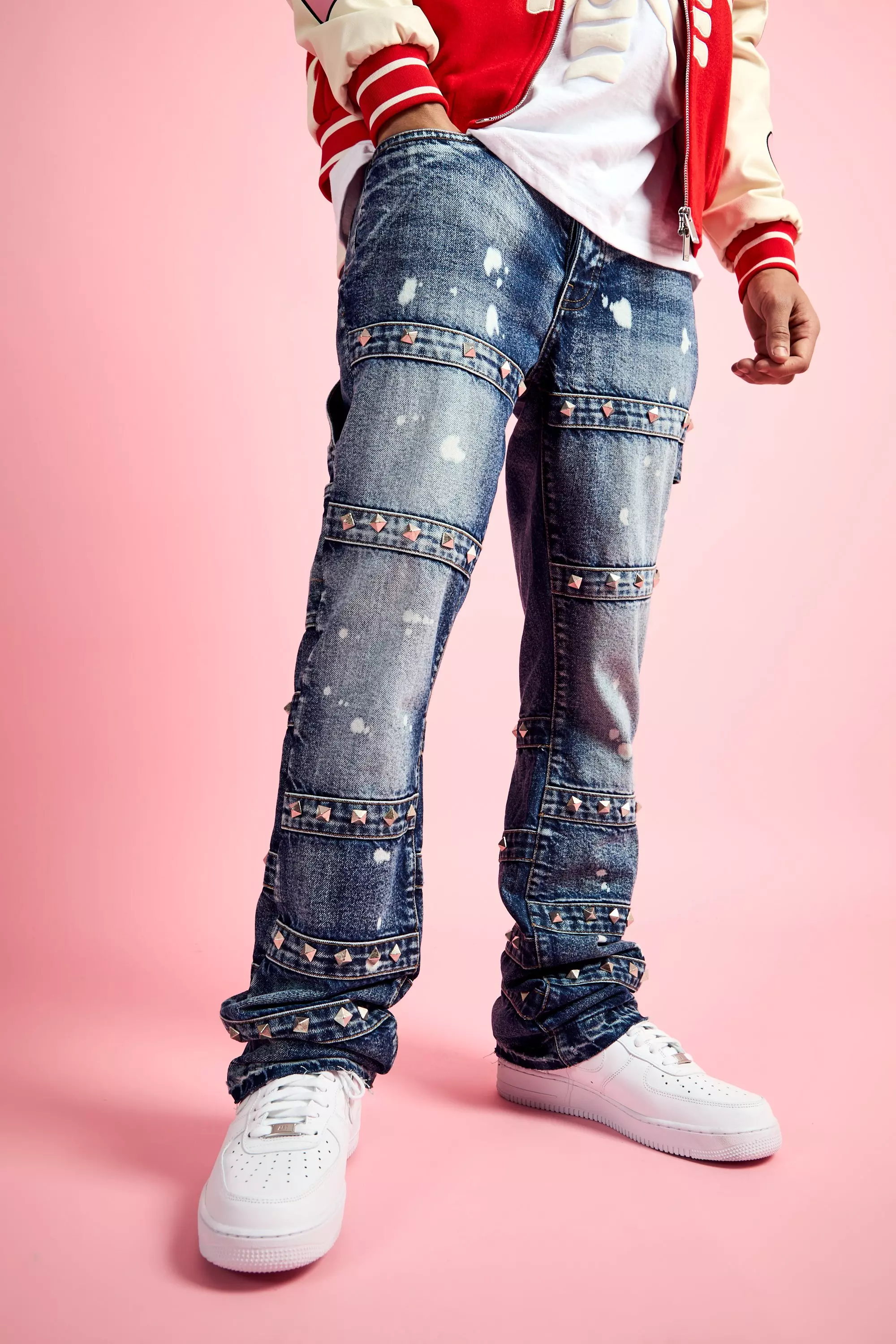 Blue Slim Rigid Flare Embellished Strap Detail Jeans