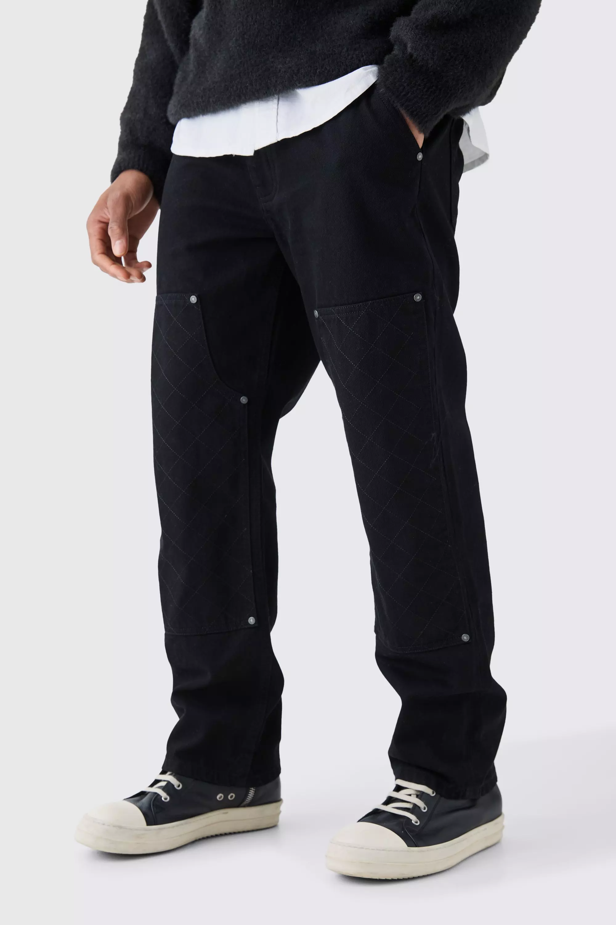 Relaxed Rigid Top Stitch Detail Carpenter Jean In Black | boohooMAN USA