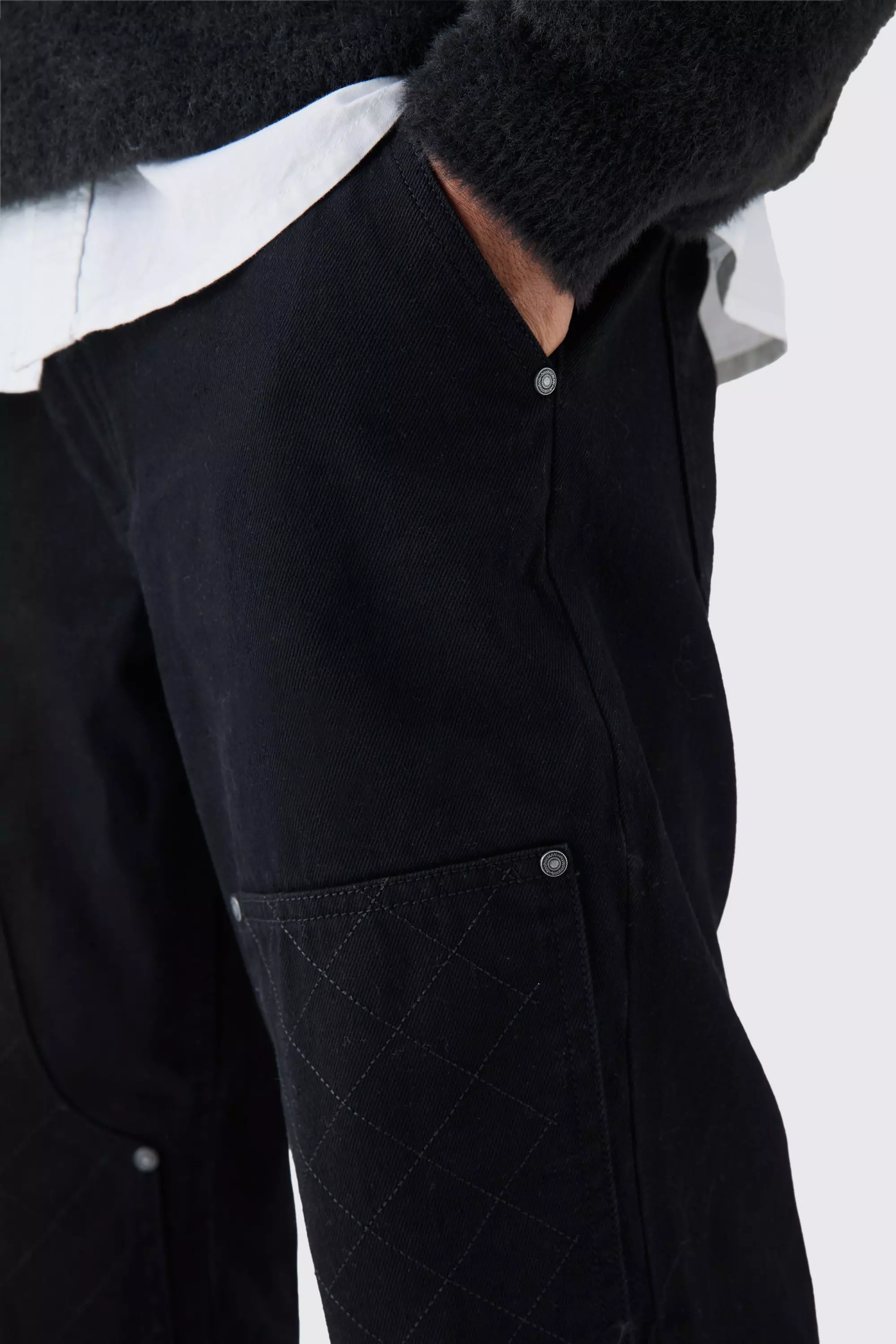 Relaxed Rigid Top Stitch Detail Carpenter Jean In Black | boohooMAN USA