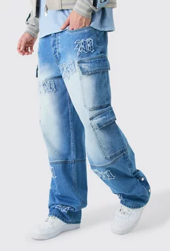 Baggy Rigid Bm Applique Multi Pocket Cargo Jeans Light blue
