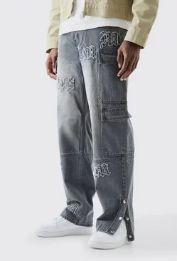 Baggy Rigid Bm Applique Multi Pocket Cargo Jeans In Grey Grey