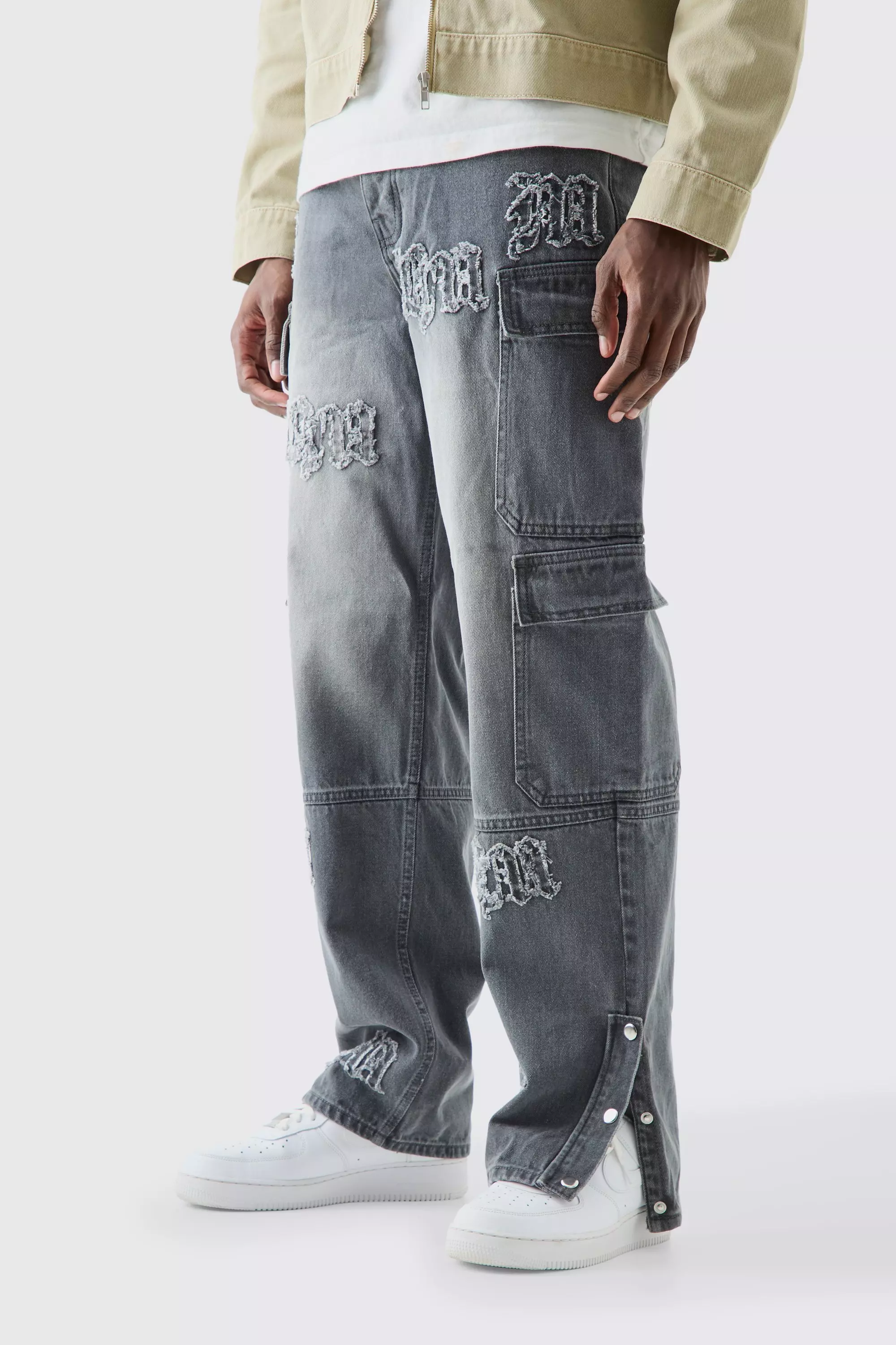 Baggy Rigid Bm Applique Multi Pocket Cargo Jeans In Grey Grey